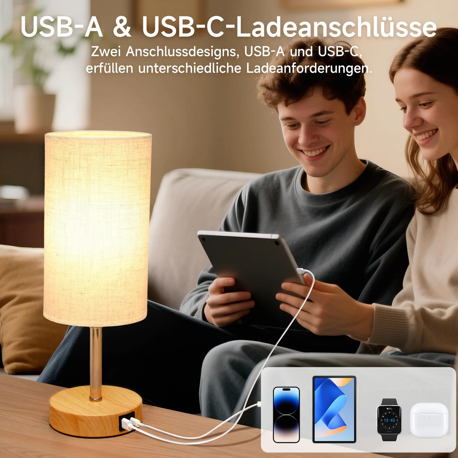 Görvitor Lampka nocna dotykowa, ściemniana, zestaw 2 sztuk, lampa stołowa z portami ładowania USB A/C, abażur lniany i 3 poziomy jasności, lampka nocna z kablem do sypialni (żarówka 9 W w zestawie)