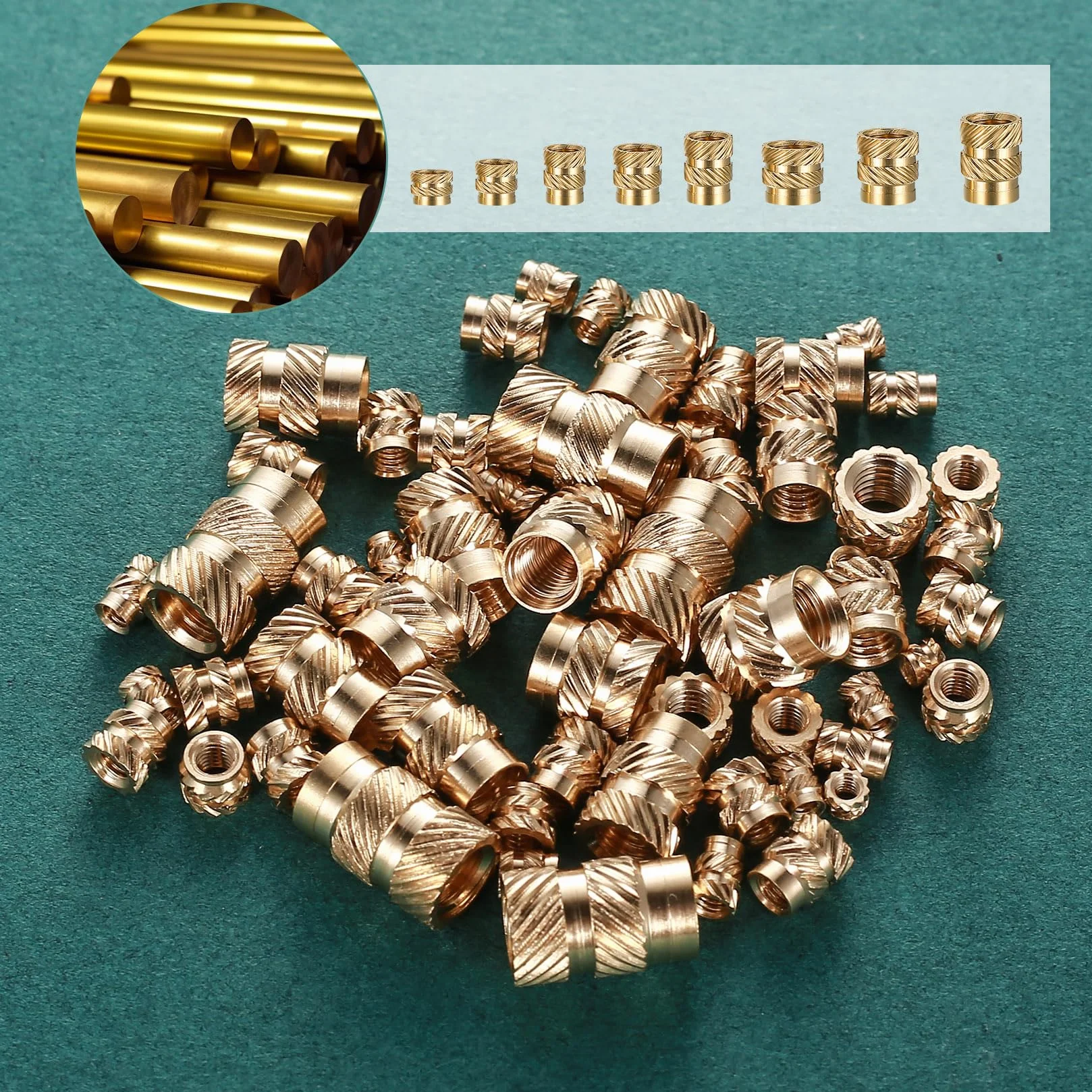 Wkładka gwintowana, Nakrętka wciskana, 370 szt. M2 M2,5 M3 M4 M5 M6 & 1/4-20 Nakrętki radełkowane, Mosiężne nakrętki do drukarki 3D, Tuleje gwintowane do części plastikowych druku 3D