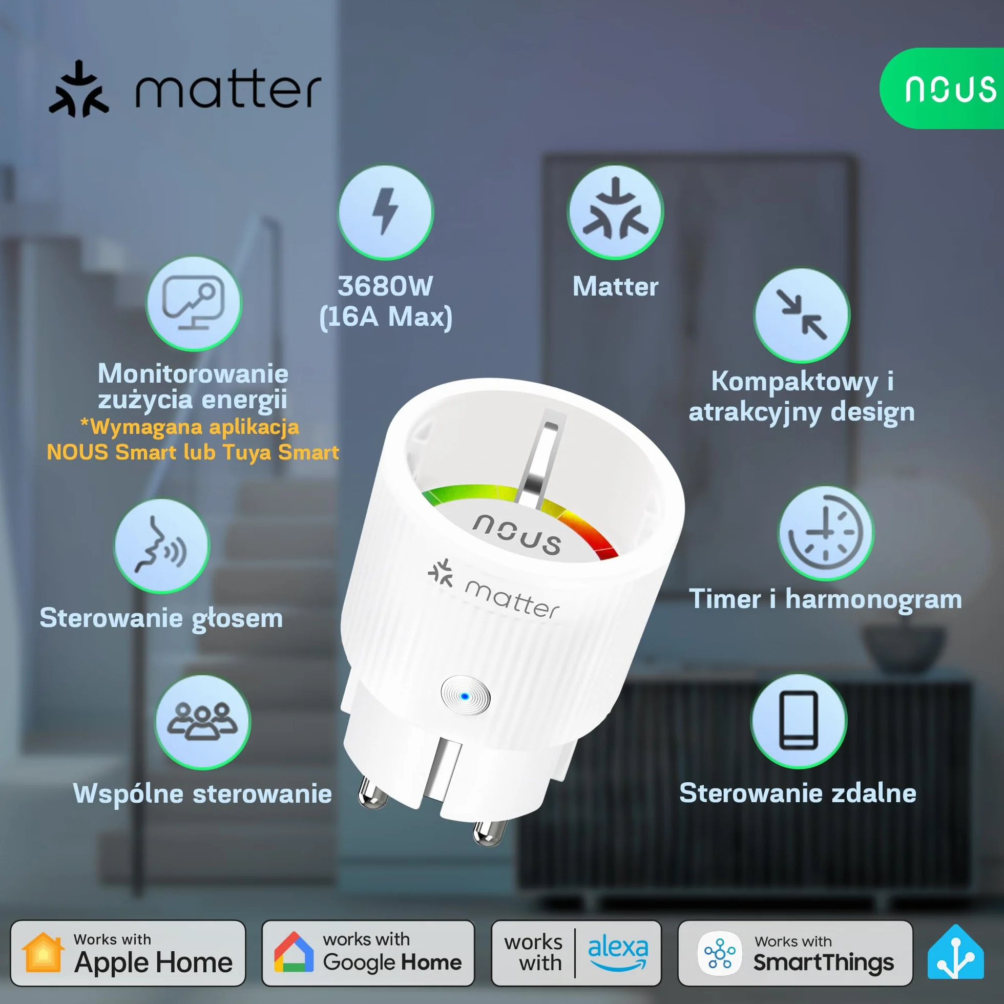 NOUS Matter Inteligentne Gniazdko z Pomiarem Zużycia Energii, Gniazdko WiFi, 16 A 3840 W, Kompatybilne z Alexa, Google Home, Tuya, Apple Home, Smart Things, WiFi 2,4 GHz, Pack of 4