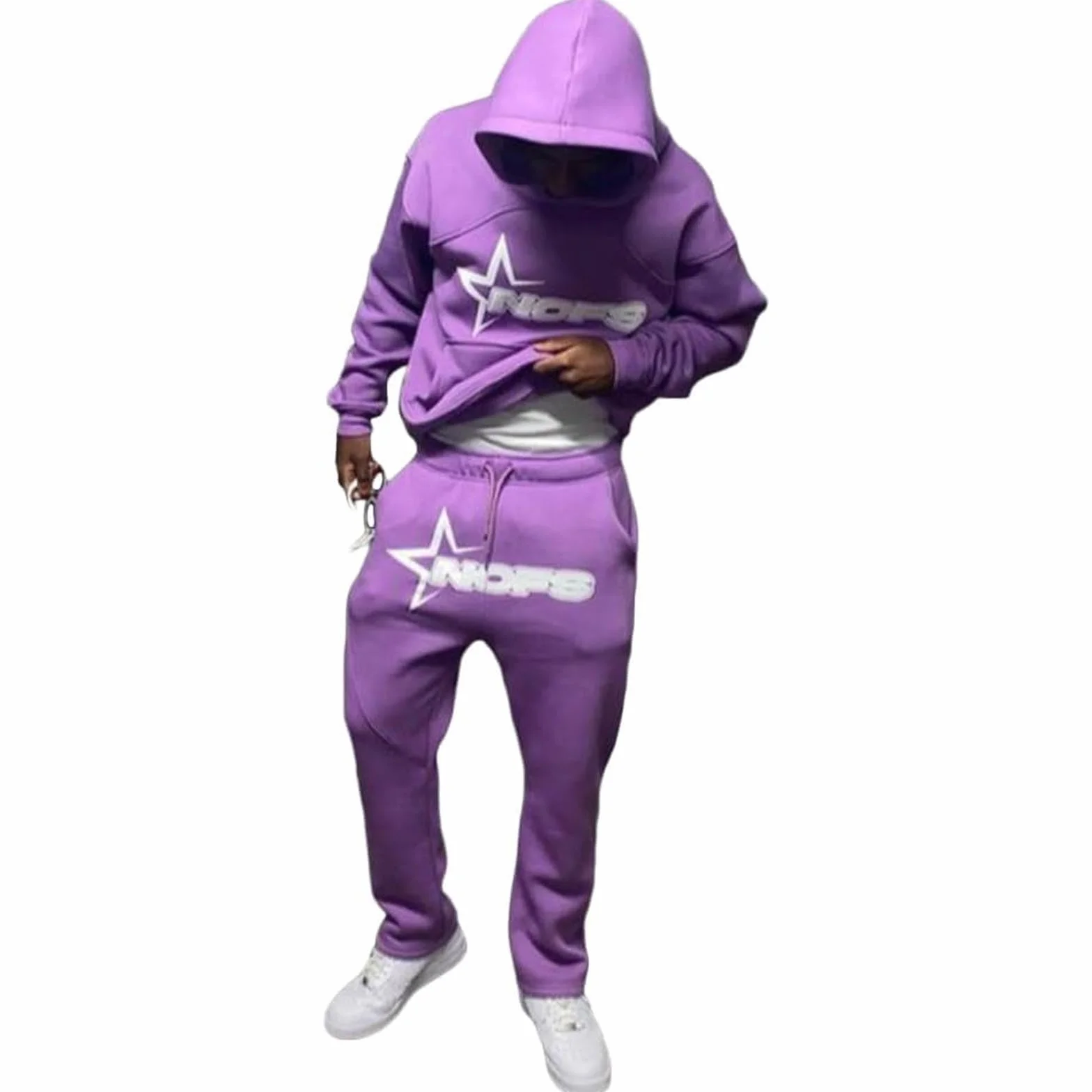NOFS Męski dres do joggingu, Y2K, bawełna, 2 sztuki, bluza sportowa, bluza z kapturem Y2K + spodnie Nofs, męski dres sportowy, strój streetwear 2024, L