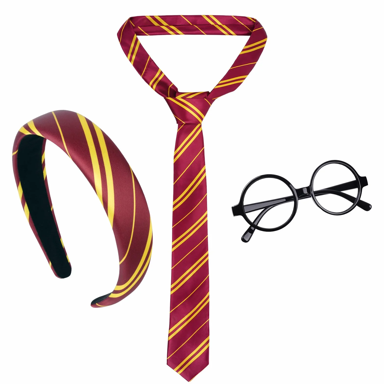 Aomig Tkany krawat, akcesoria do cosplayu, czarodzieja, krawat, okulary i opaska na głowę, dla dzieci i dorosłych, przebranie, cosplay, czarodziej na Halloween, kostium, Czerwony i żółty, rozmiar