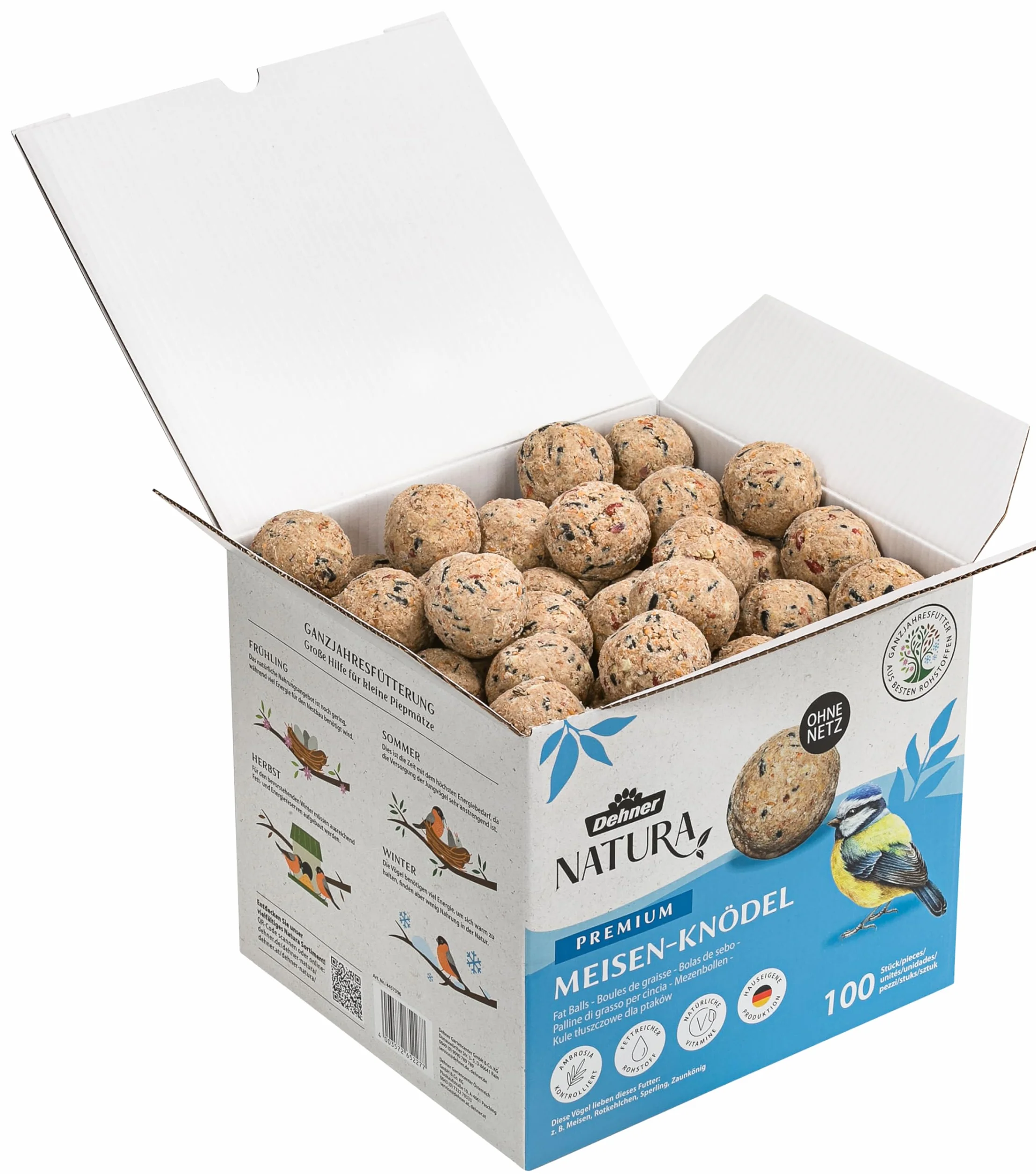 Dehner Natura Premium kule dla sikorki bez siatki, całoroczna karma dla dzikich ptaków, bogata w białko/energię, karma dla dzikich ptaków, 100 sztuk po 90 g (9 kg), karton z certyfikatem FSC