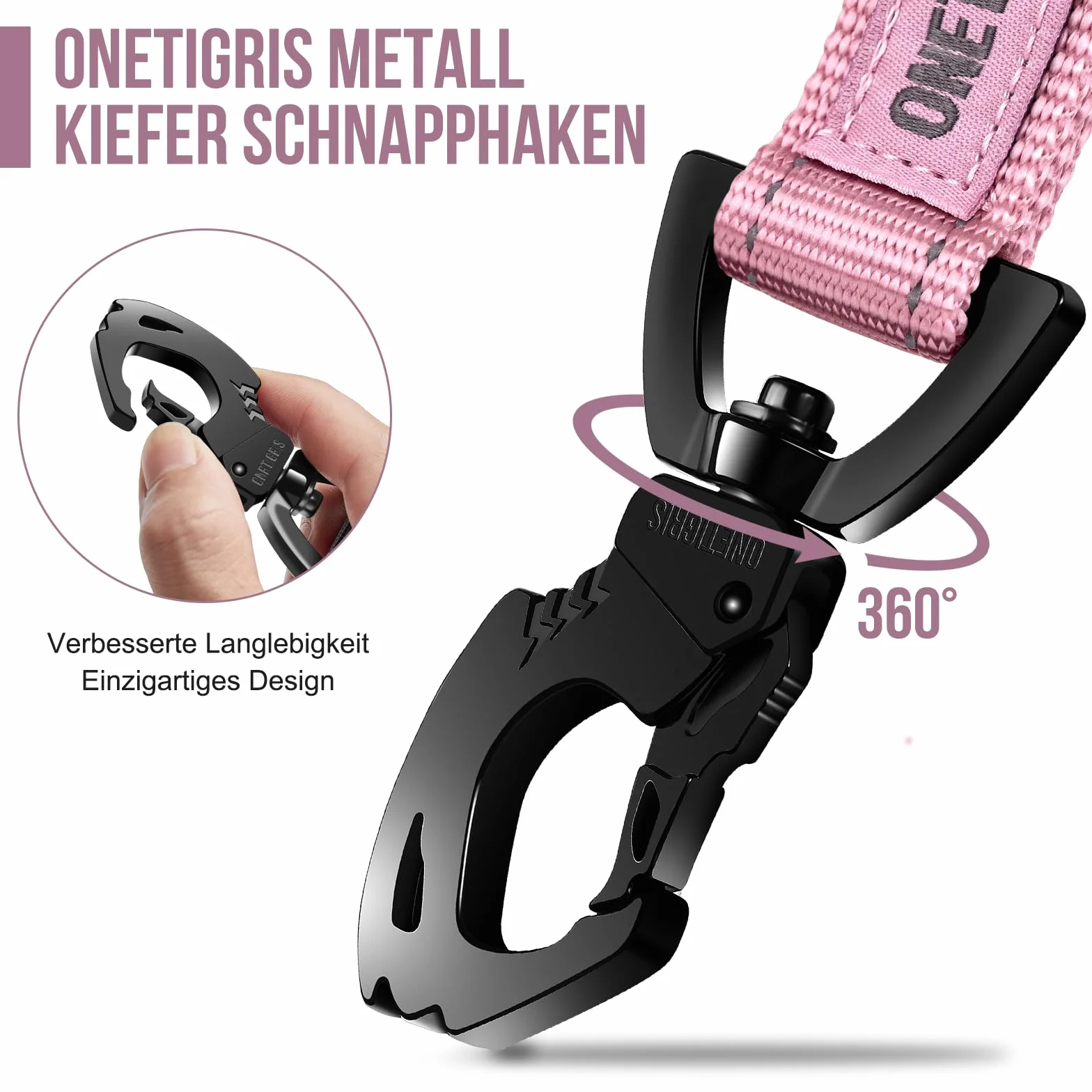 OneTigris Bolt Krótka Smycz dla Psa 30 cm z Metalowym Klipsem, Miękka Wyściółka, Odblaskowa Nylonowa, Odpowiednia dla Średnich i Dużych Psów - Różowa