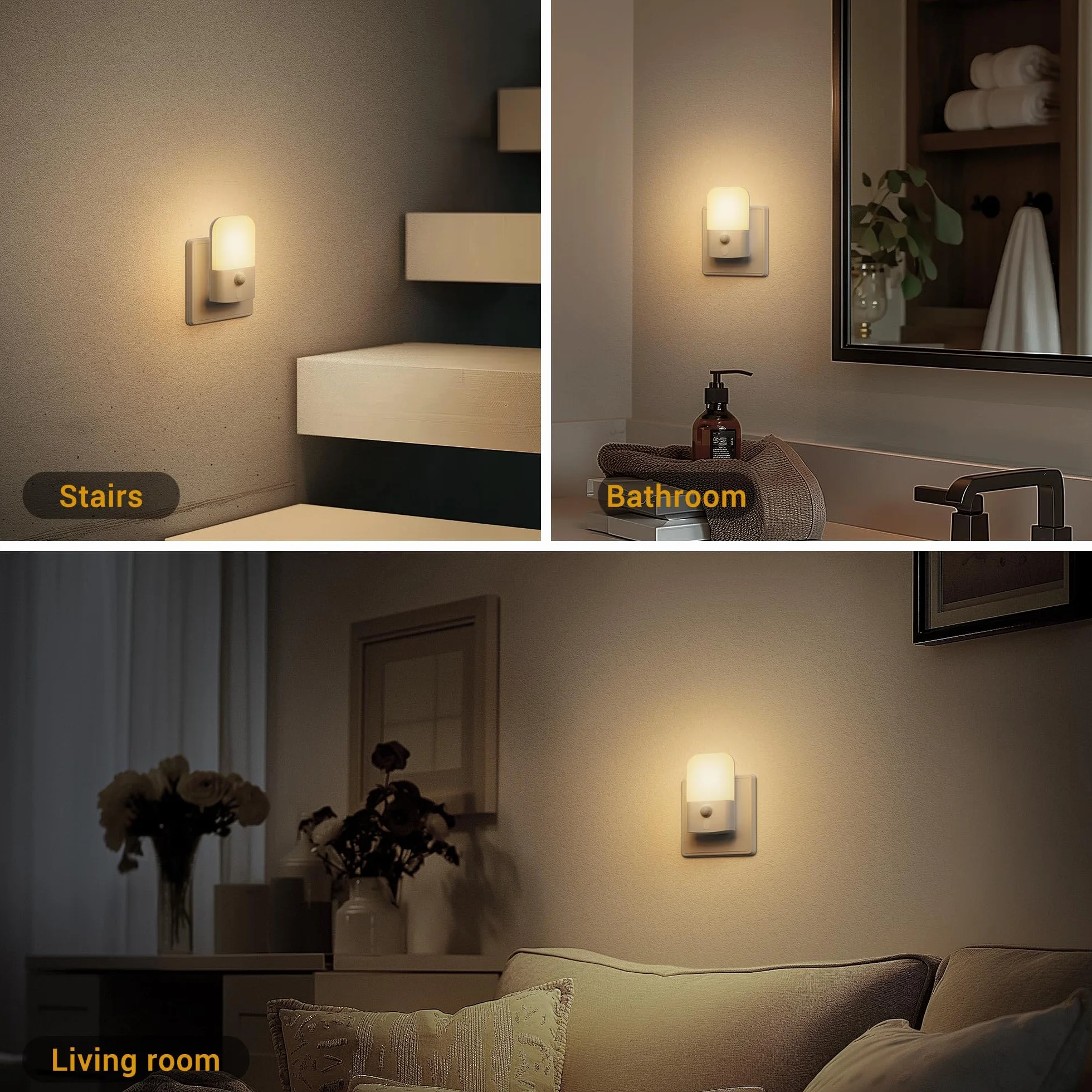 JandCase Lampka nocna z czujnikiem ruchu, 5 poziomów jasności, tryb ON/OFF/AUTO, 1W, 2700 K, ciepła biel, lampka nocna dla dzieci, do przedpokoju, schodów, sypialni, salonu, [zestaw 2 sztuk]