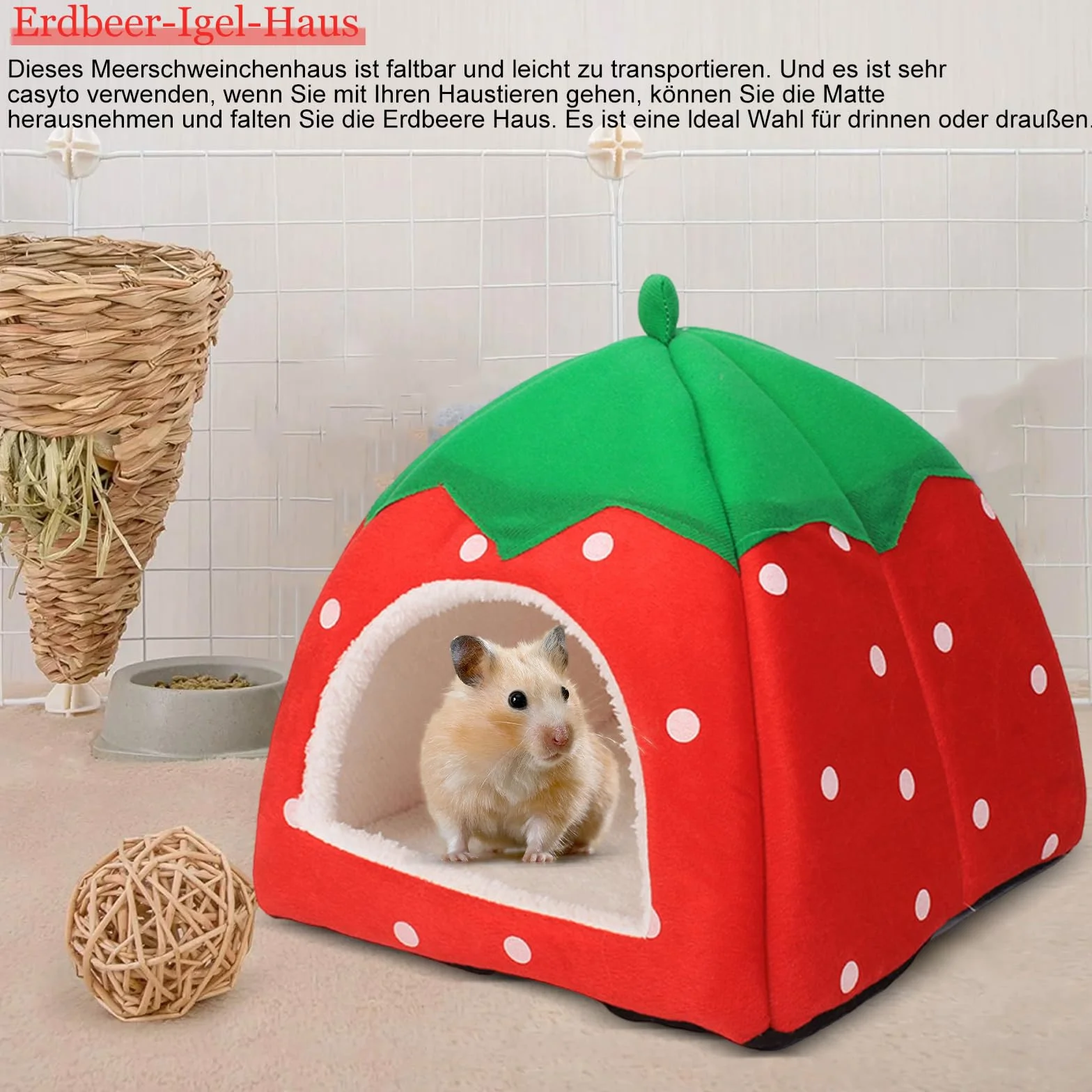 Domek dla świnki morskiej, przytulna jaskinia z wyjmowaną matą, łóżko dla świnki morskiej, szczurów, akcesoria dla królików miniaturowych, chomików, chomików, wiewiórek (24 x 24 cm, czerwony)