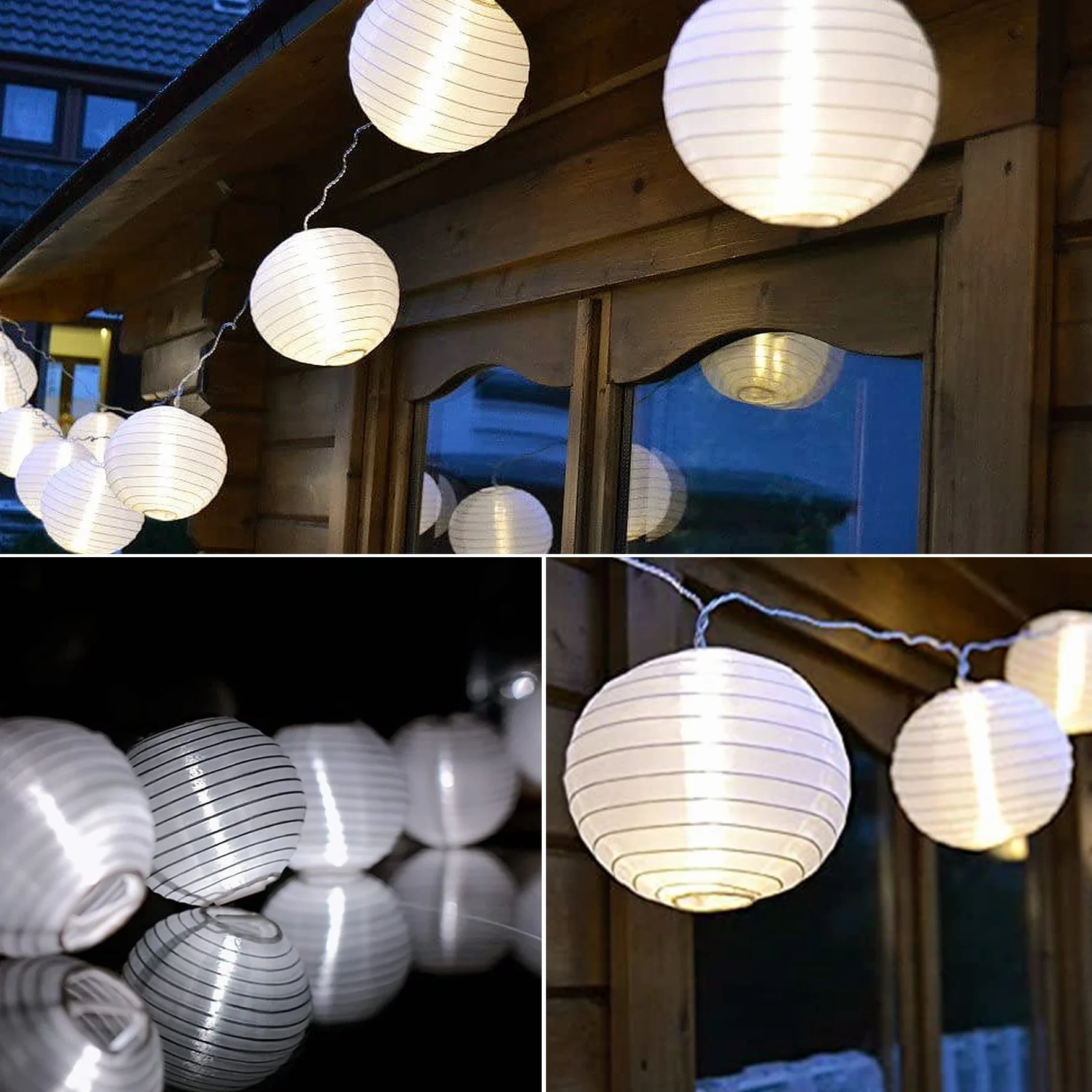 Lezonic Solarny łańcuch świetlny do użytku na zewnątrz z lampionami, 8 m, 30 diod LED latarni, 8 trybów, wodoszczelny, solarny łańcuch świetlny, biały, do dekoracji balkonu, ogrodu, podwórza, wesela