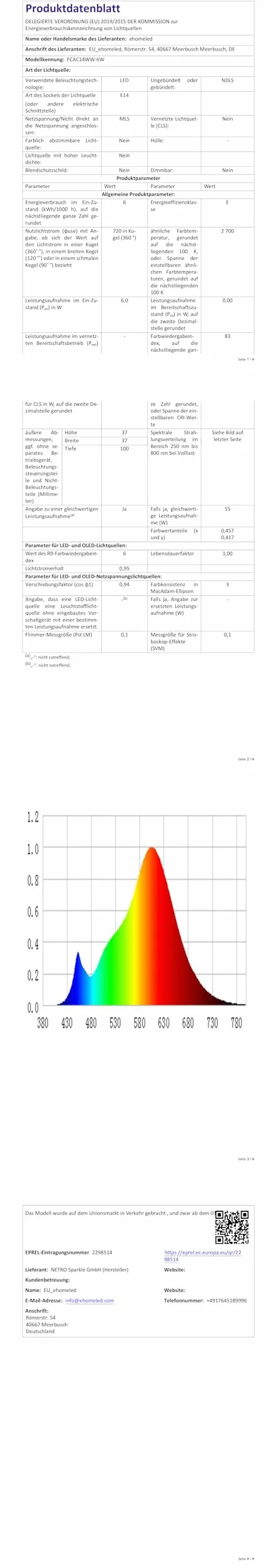 E14 żarówka LED z filamentem, ciepła biel 2700 K, przezroczyste szkło, 720 lm, 6 W (= 55 W), żarówka w stylu retro, bez możliwości ściemniania, do żyrandoli i dekoracji, 4 sztuki w opakowaniu