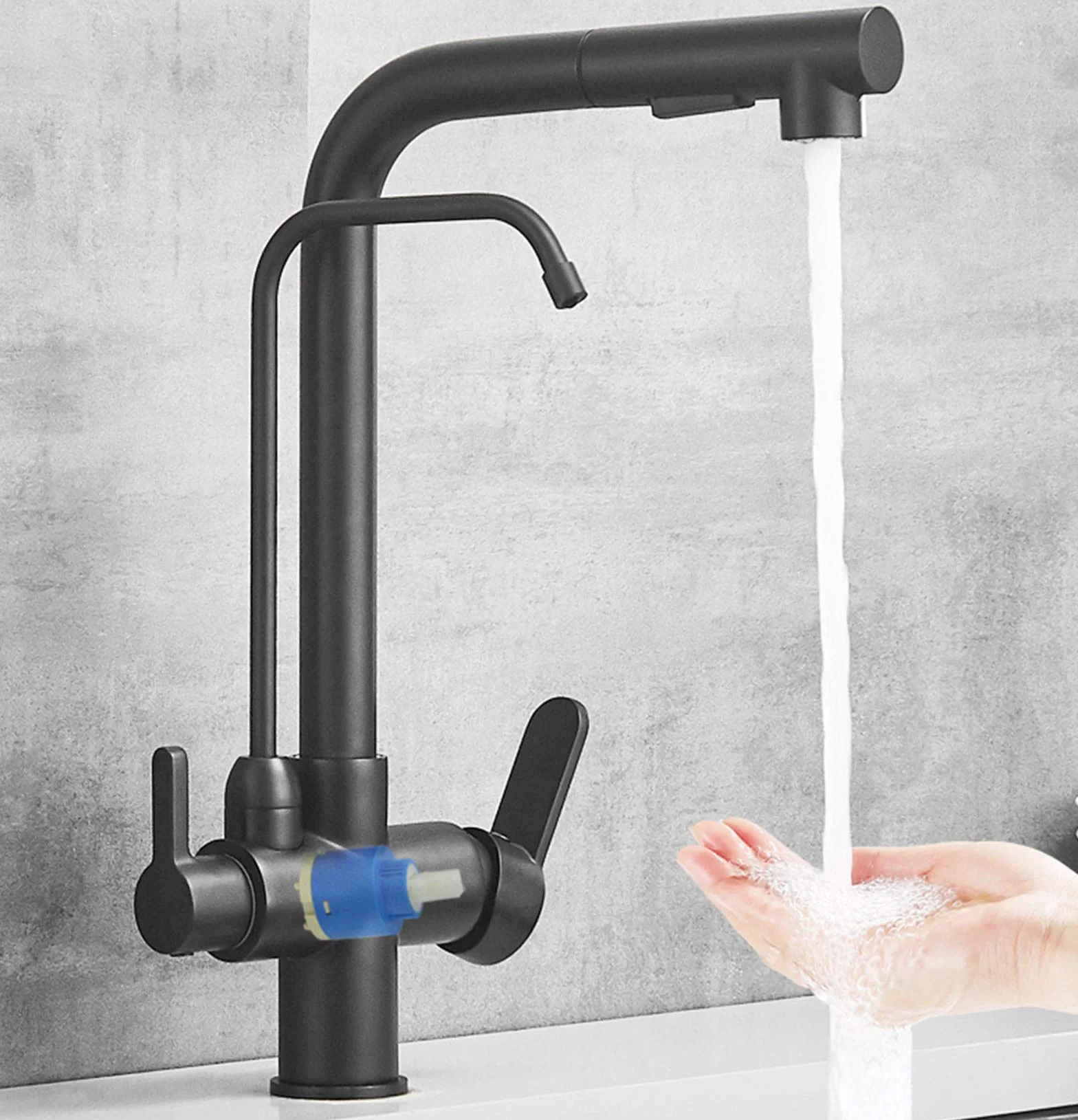 3-drożne baterie kuchenne z kranem filtrującym wodę pitną, wyciągany spray, czarny