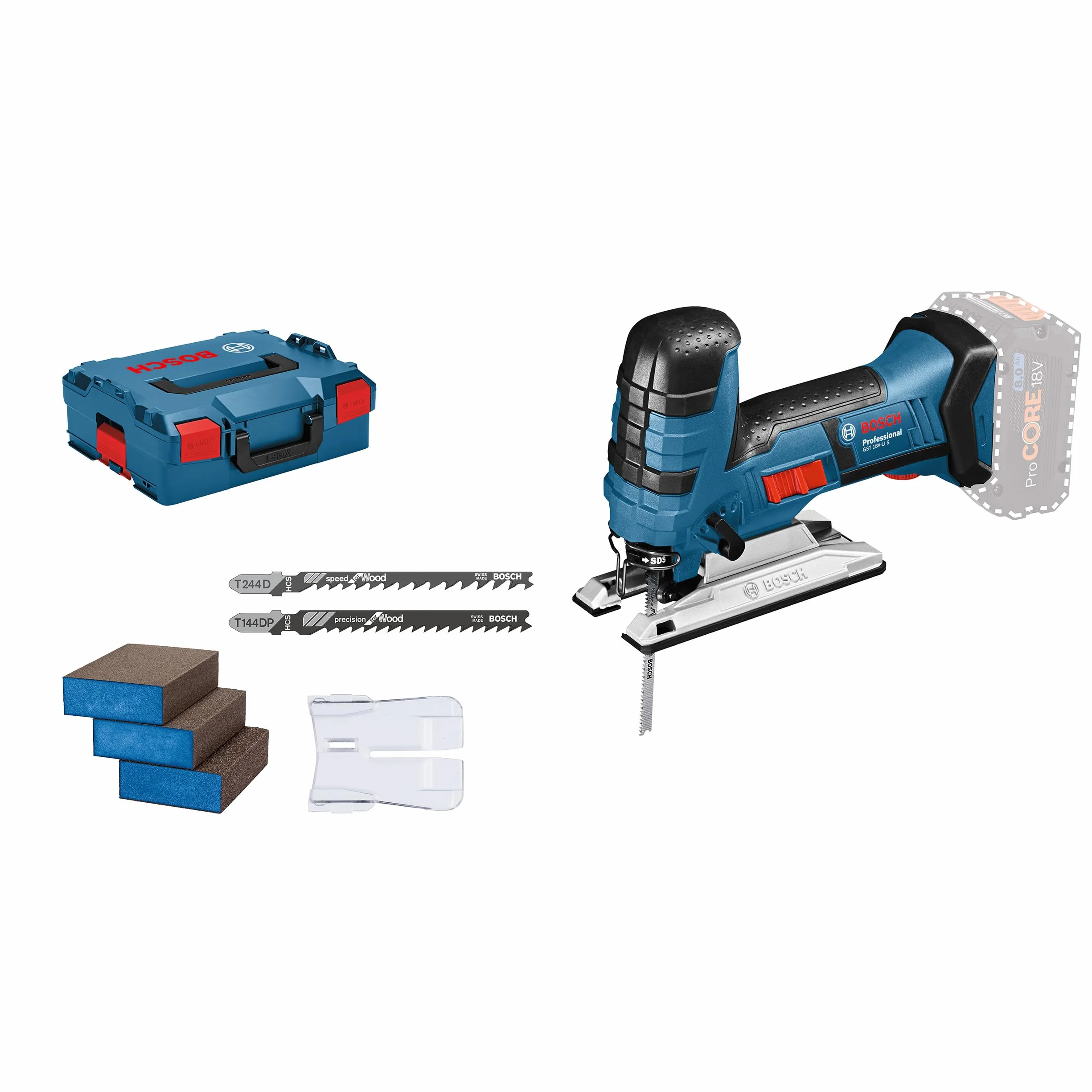 Bosch Professional system 18V: akumulatorowa wyrzynarka GST 18V-LI S (3 brzeszczoty do wyrzynarek, osłona przeciwodpryskowa, walizka L-BOXX)