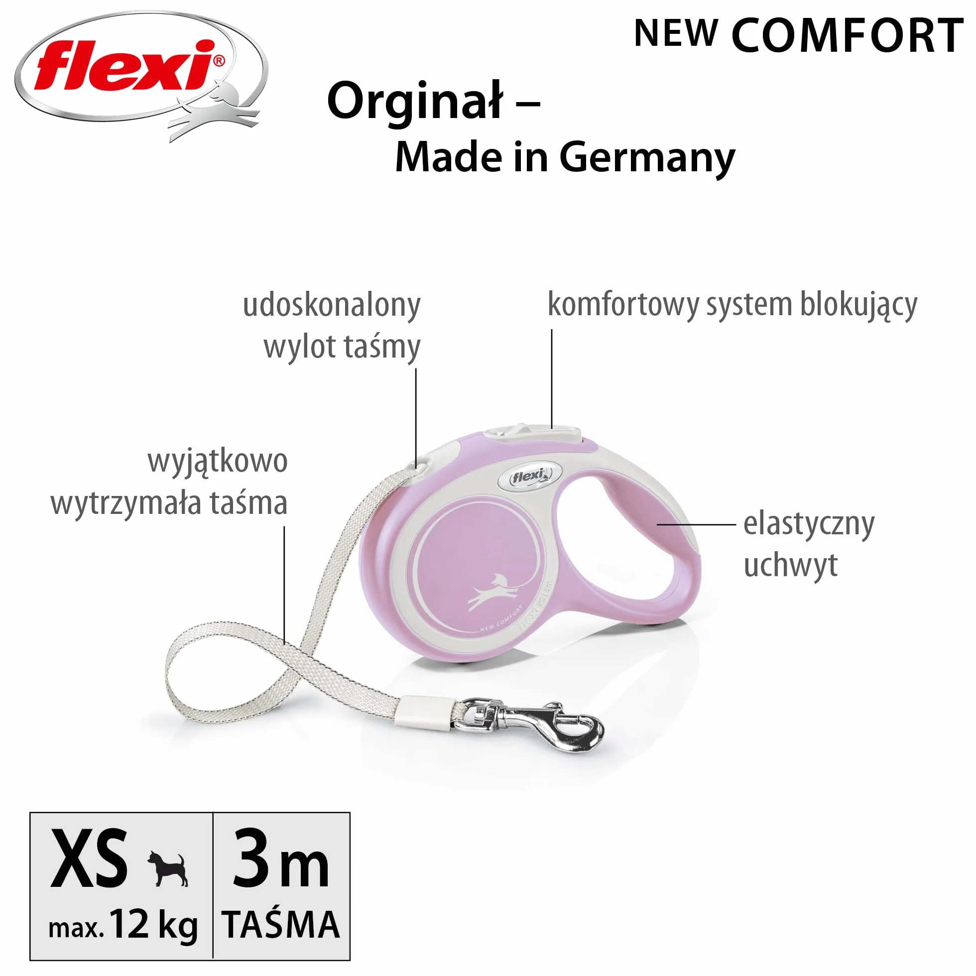 Flexi taśma smycz dla psa 3 m do 12 kg szara różowa