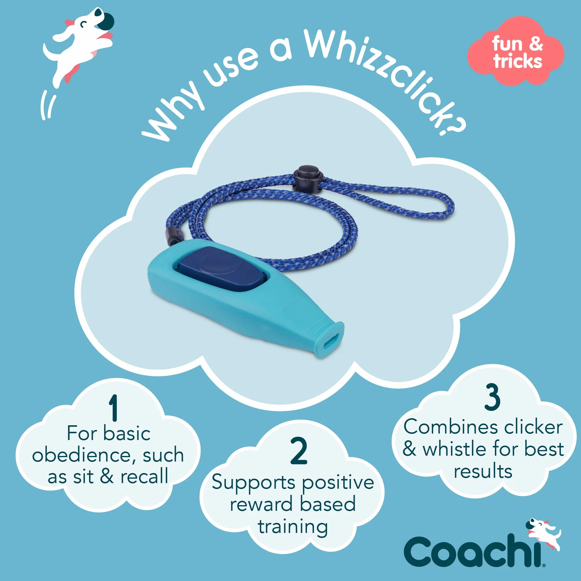 Company of Animals Coachi Whizzclick, 2-in-1 Combined Clicker and Whistle, Dog Training Whistle for Recall and Clicker Training for Rewarding, Adjustable and Reflective Lanyard, for Dogs and Puppies