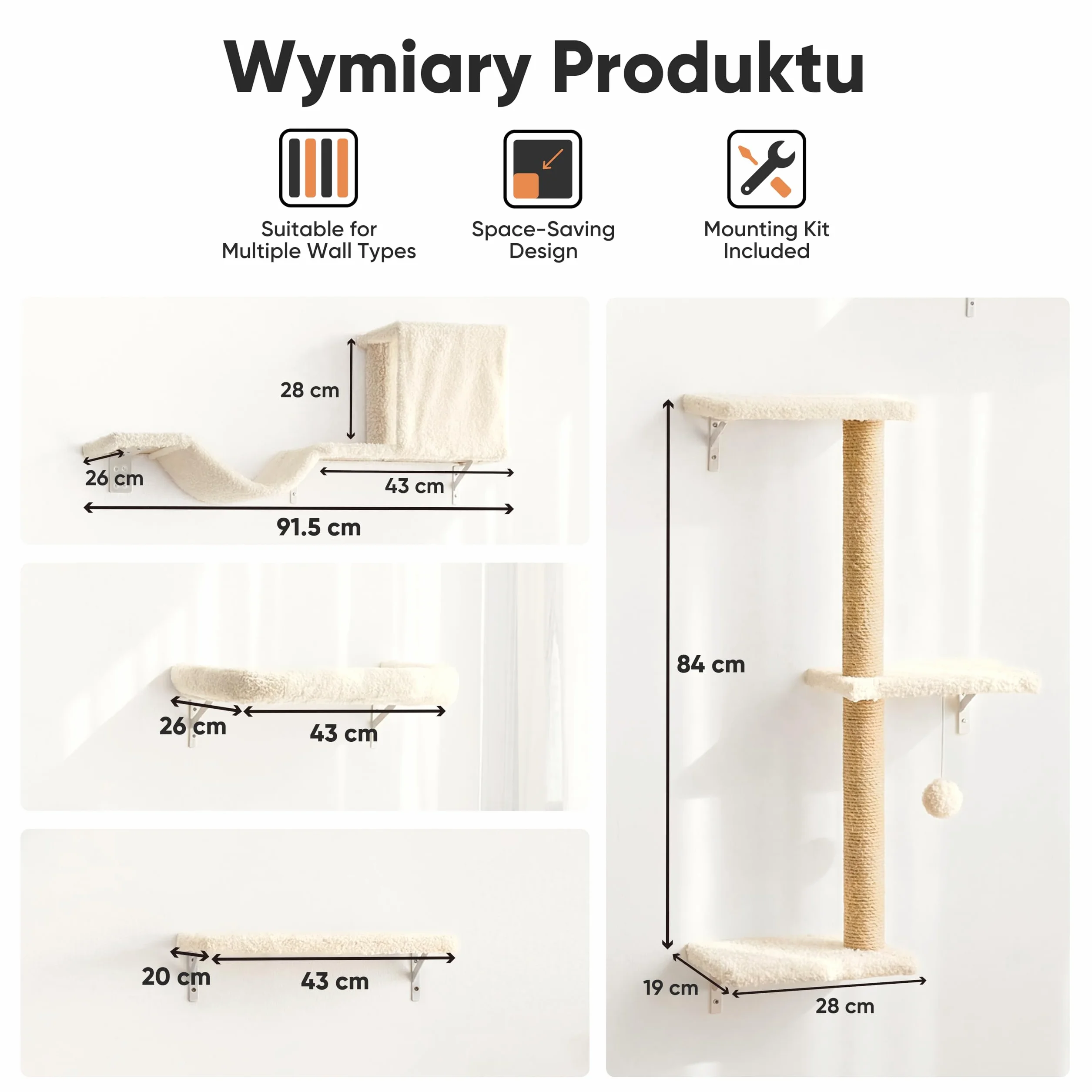 FUKUMARU Półki Ścienne dla Kotów, Stabilne i Bezpieczne, 4 w 1, Duży Zestaw Mebli dla Kotów, Drewniane, Wspinaczkowe, z Drapakiem, Pasuje do Różnych Powierzchni Ścian, Beżowe