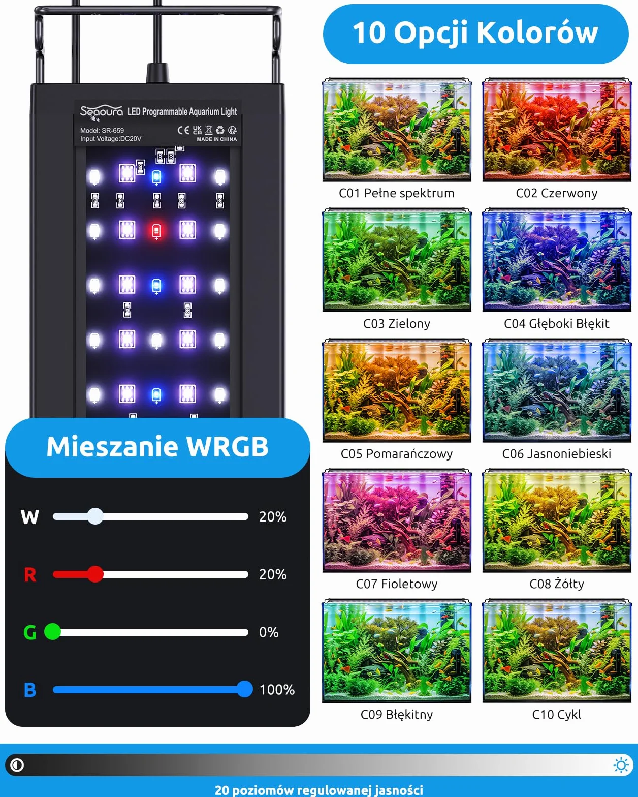 SEAOURA Aquarium Plant Light with Temperature Detector, 18-24in Full Spectrum Fish Tank Lights, 24/7 Programmable with Power off Memory, WRGB Custom, 20 Level Dimmable for Freshwater Aquariums