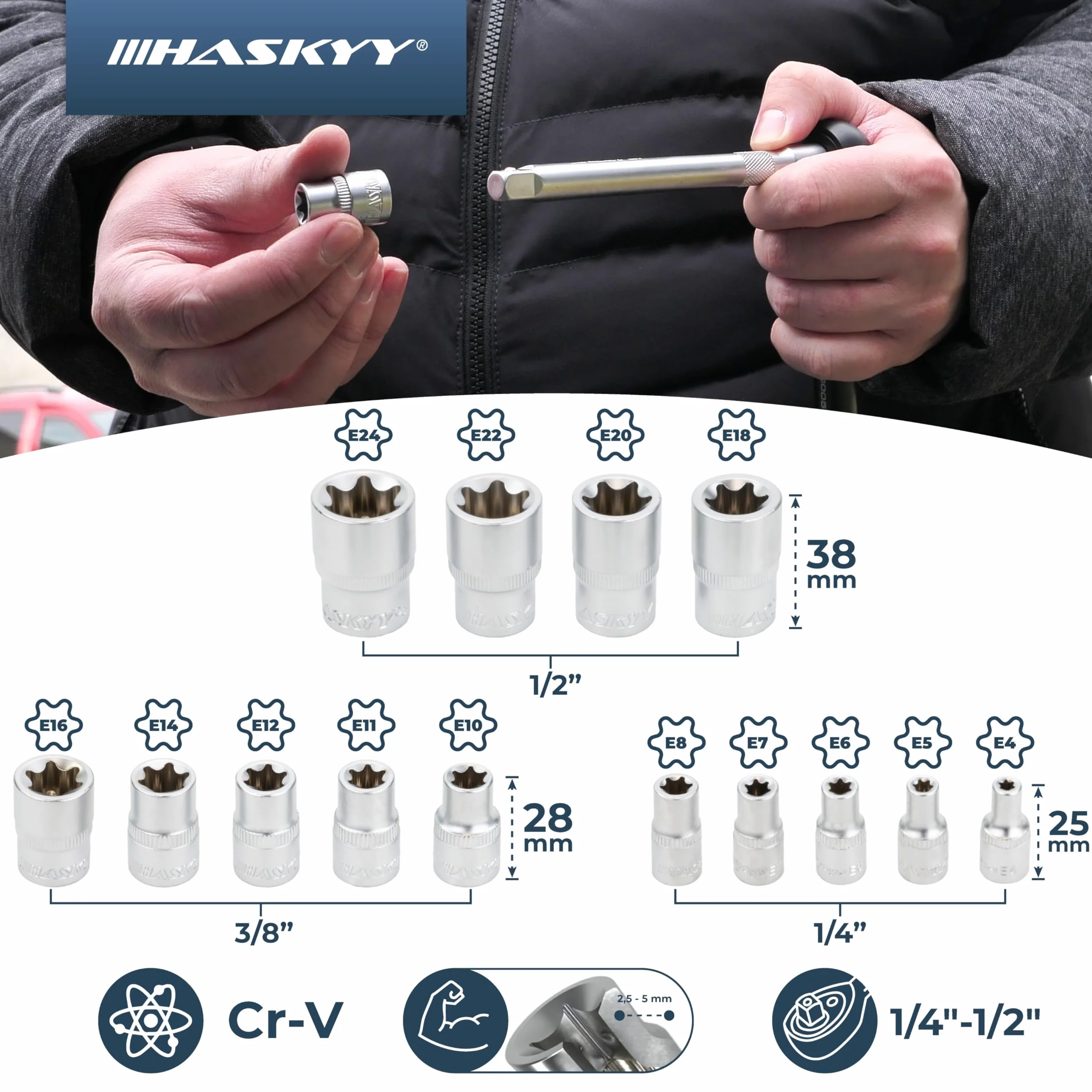 HASKYY Zestaw nasadów Torx 14-częściowy Profil E E4-E24 1/4 3/8 1/2 cala