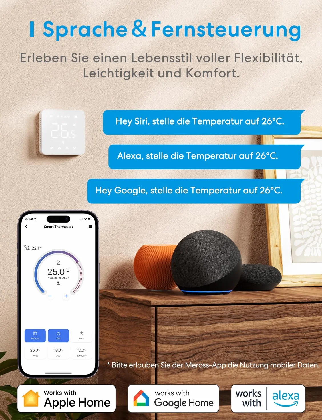 Meross MTS200BHK Inteligentny termostat bojlera Wi-Fi, ścienny, do Siri, Google i Alexa, sterowanie zdalne, harmonogram, ekran dotykowy LED, biały