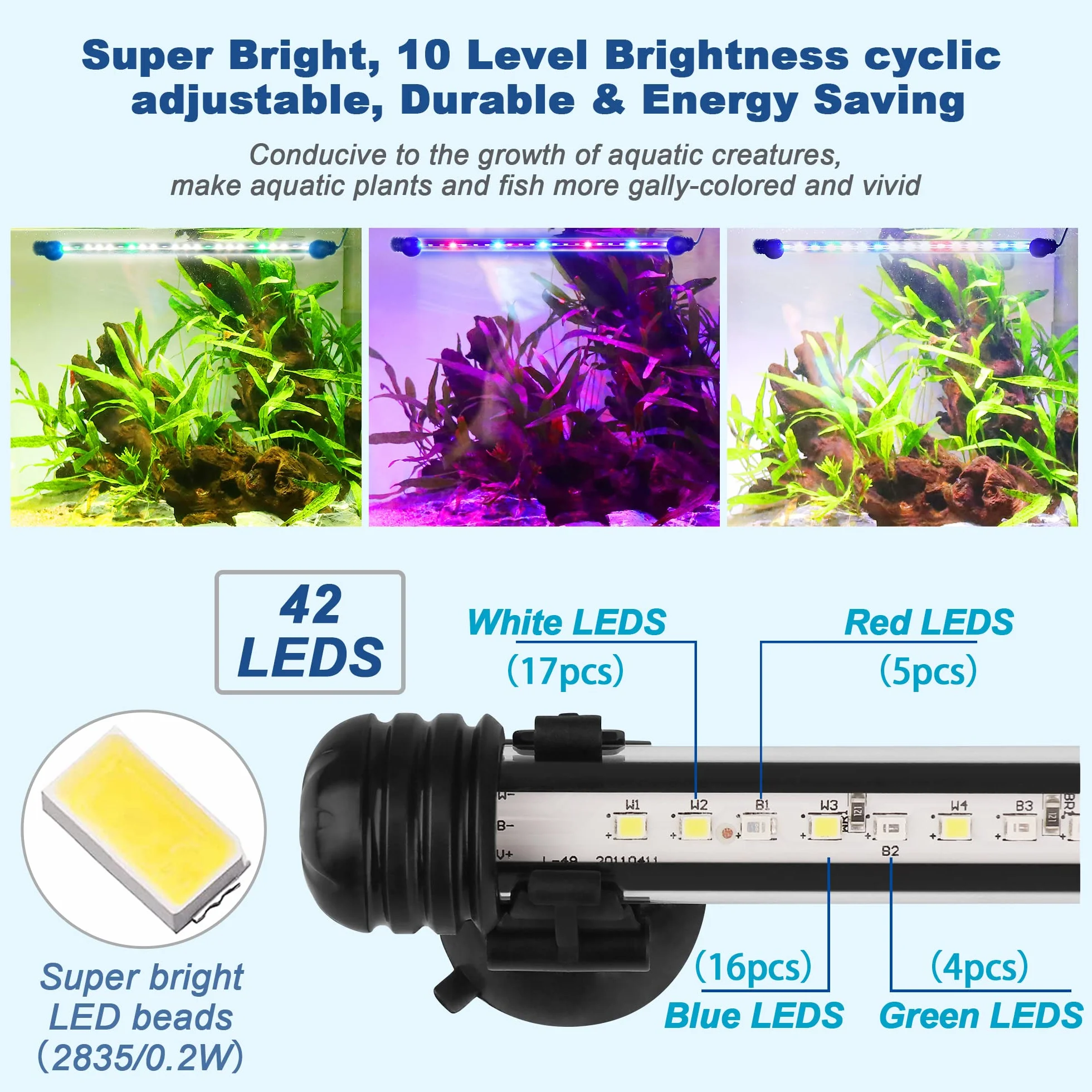 Oświetlenie LED do akwarium – lampa RGB (białe światło) z wbudowanym timerem, możliwość ściemniania, 10 poziomów jasności, IP67, wodoszczelna, do zbiorników ryb i roślin, L-39C