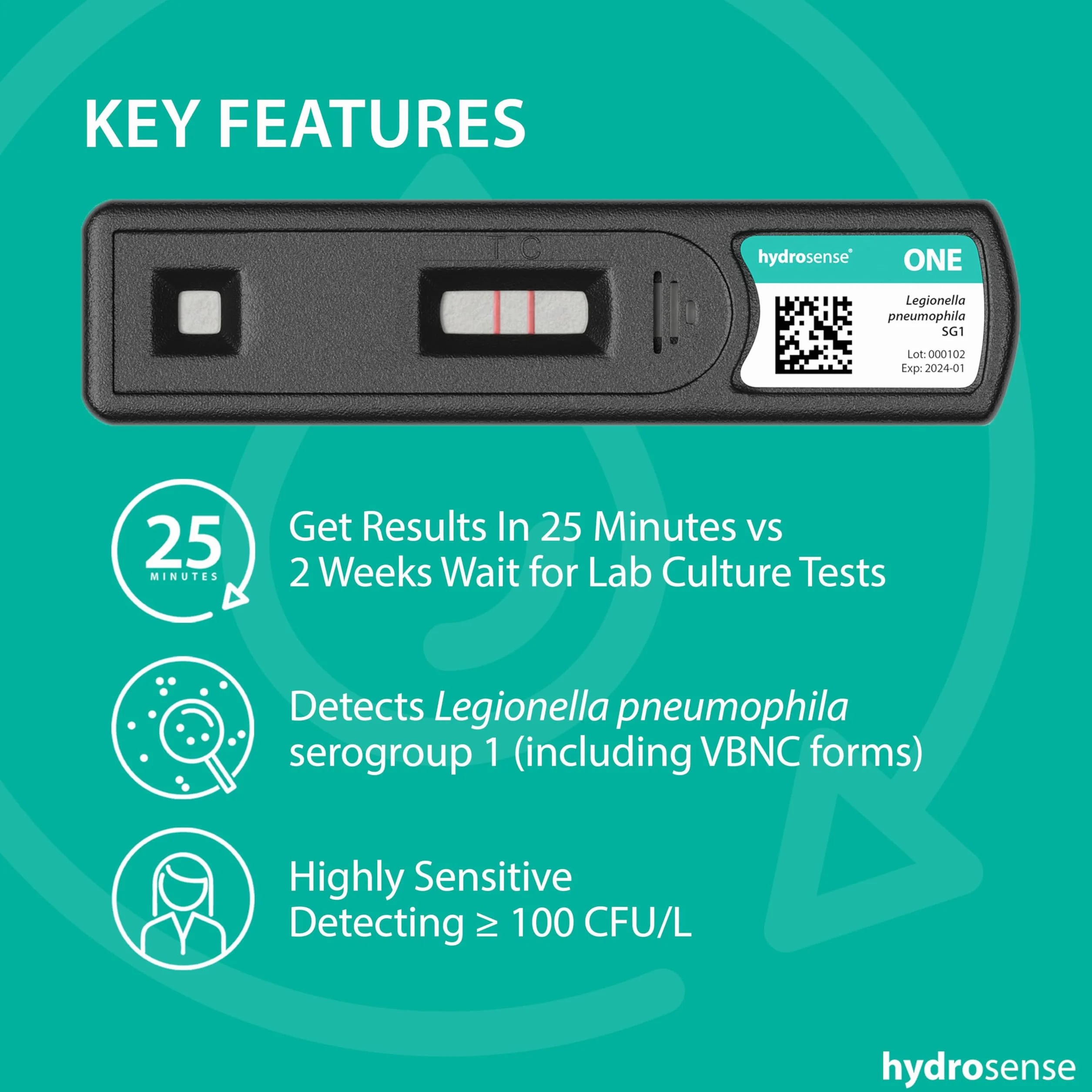 ONE Ultra Legionella Water Test – pojedynczy zestaw testowy do Legionella pneumophila sg1 | Czułość 100 CFU/L | Szybkie 25-minutowe wyniki na miejscu