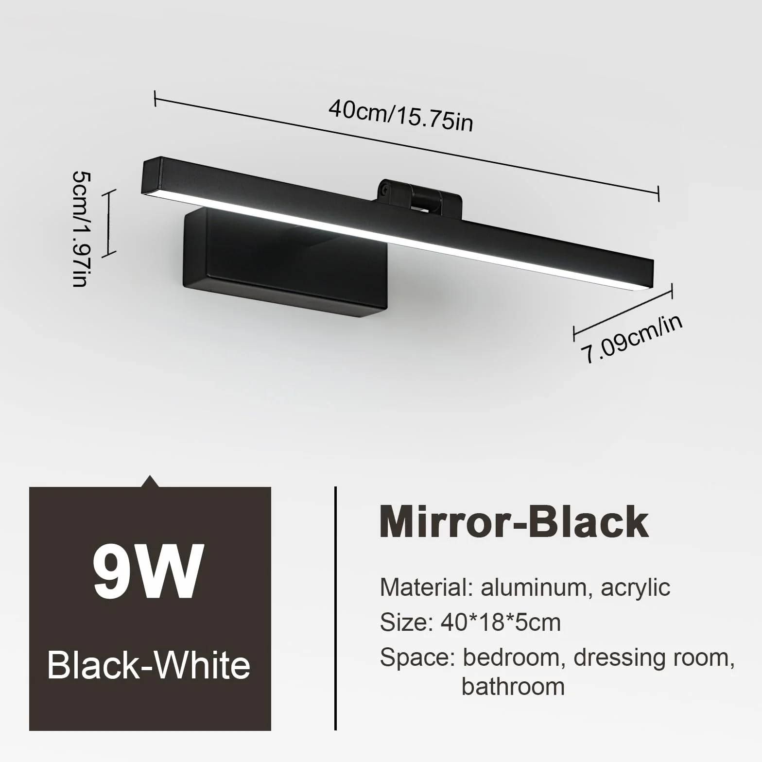 Comely Lampa Lustrzana Łazienkowa 9W 1100LM 220V, 40cm Lampa Lustrzana Kinkiet LED, Zimna Biel 6500K Oprawa Łazienkowa IP40, Czarny