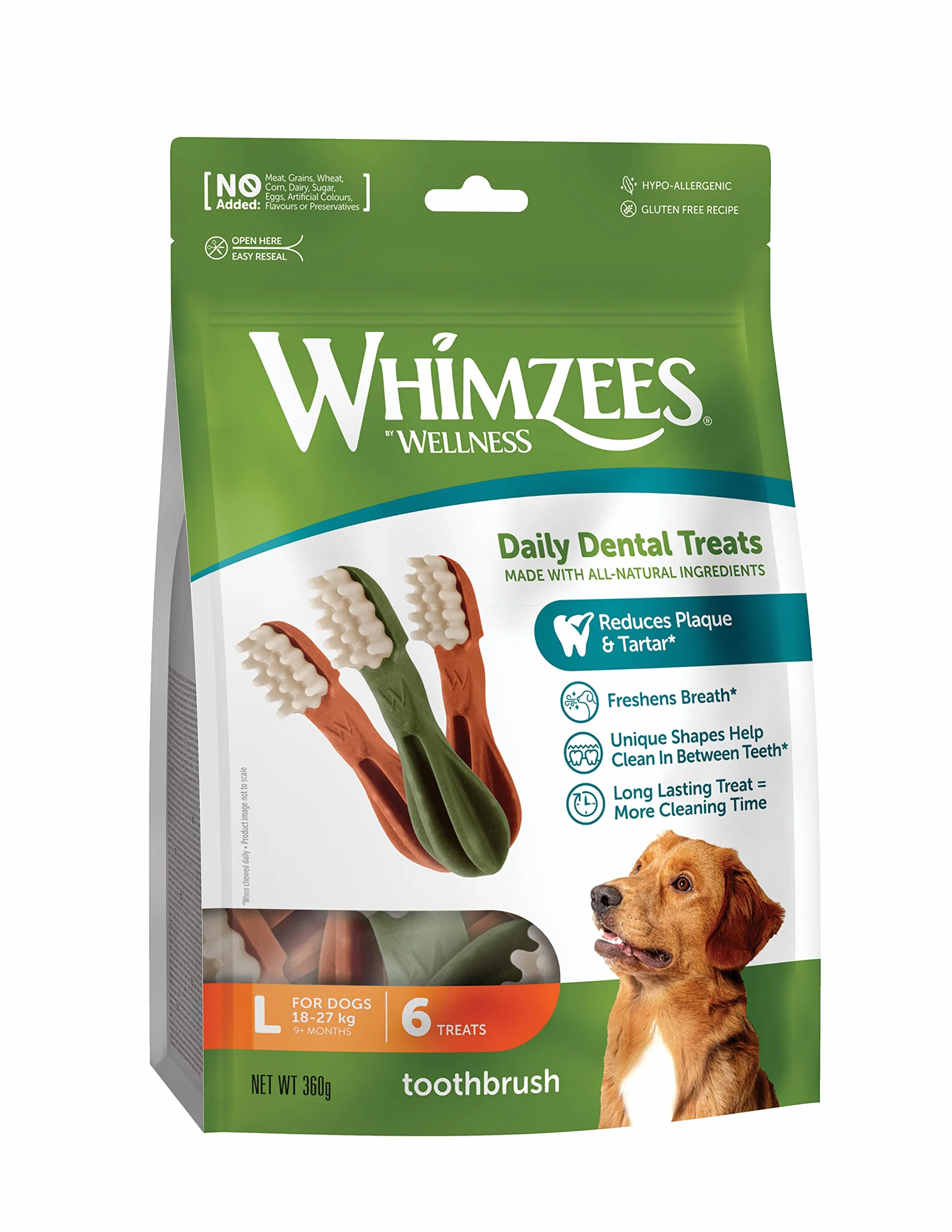 WHIMZEES Szczoteczka L, 6 Sztuk – Rozmiar L, Gryzaki Dentystyczne dla Dużych Psów, Naturalne, Bezzbożowe, Bez Dodatku Cukru