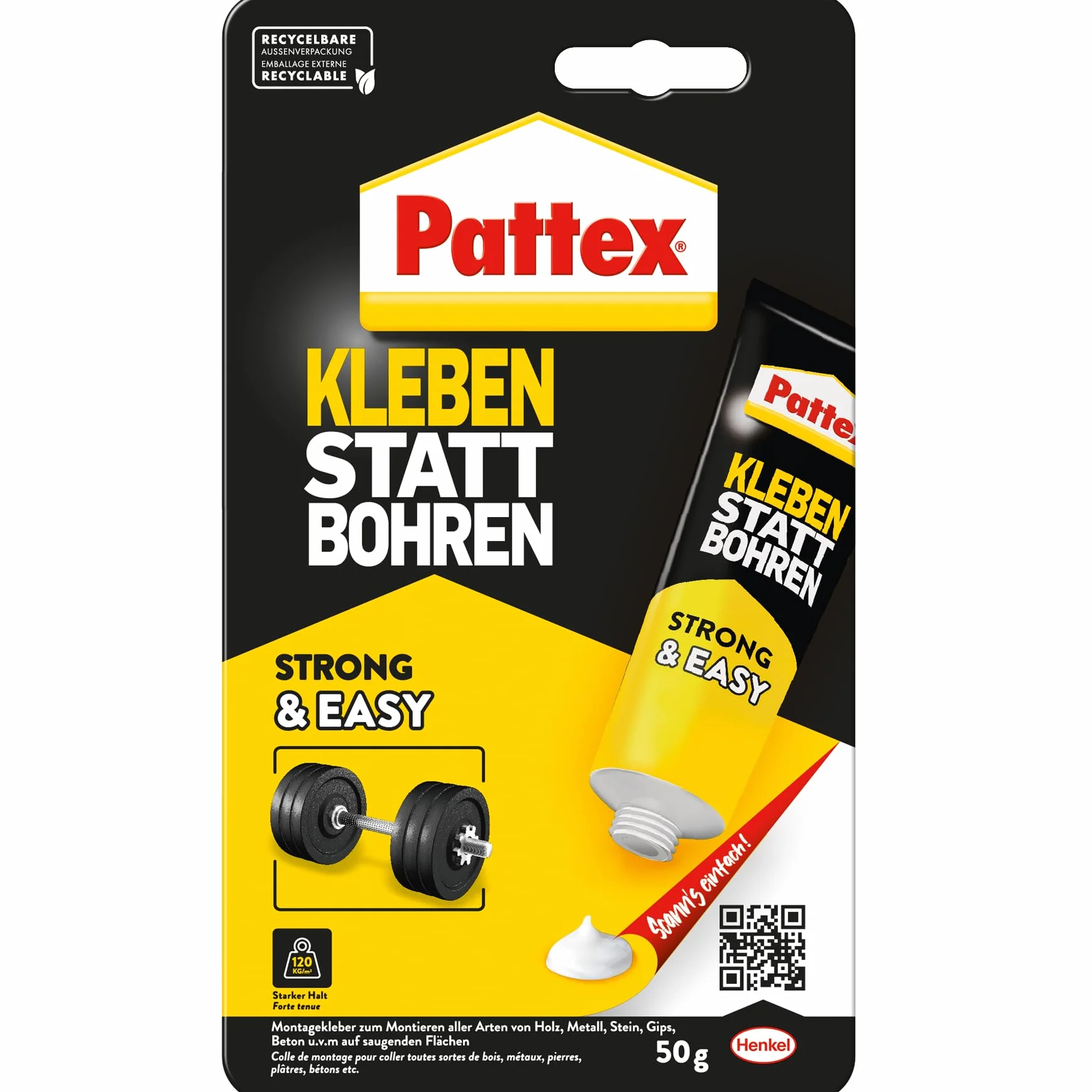 Pattex Klej Montażowy - Klejenie Zamiast Wiercenia, 50 g Mocnego Kleju o Natychmiastowej Przyczepności, Uniwersalny Budowlany o Wysokiej Wytrzymałości Końcowej