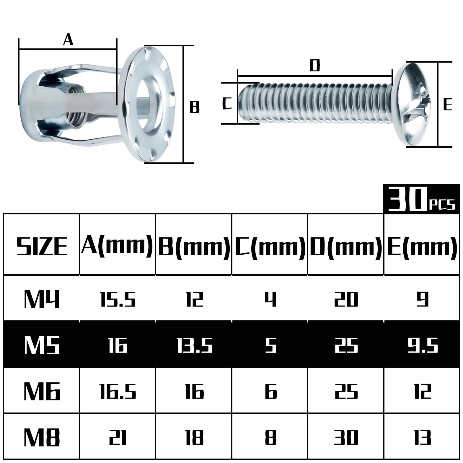 Mbsomnus Wpusty metalowe M5x25, 30 sztuk Wpusty metalowe Kotwy metalowe Jack Nuts Petal Nuts Wpusty ekspansyjne Cienkie mocowania Wpusty z cienkimi ściankami Zestaw do mocowania do cienkich ścian