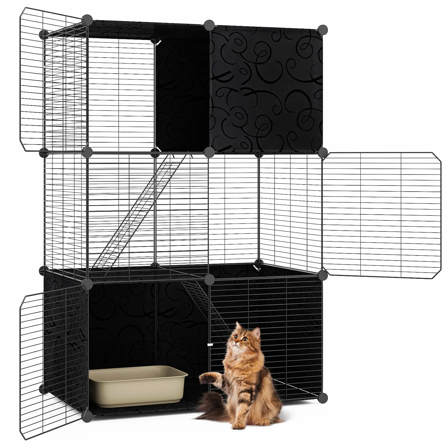 COSTWAY Klatka dla kotów, 3-poziomowa, ze zdejmowanym placem zabaw Catio i 2 rampami, "zrób to sam", metalowa klatka dla kotów, małych zwierząt, domek dla kotów na balkon, do wnętrz, 74 x 47 x 110 cm