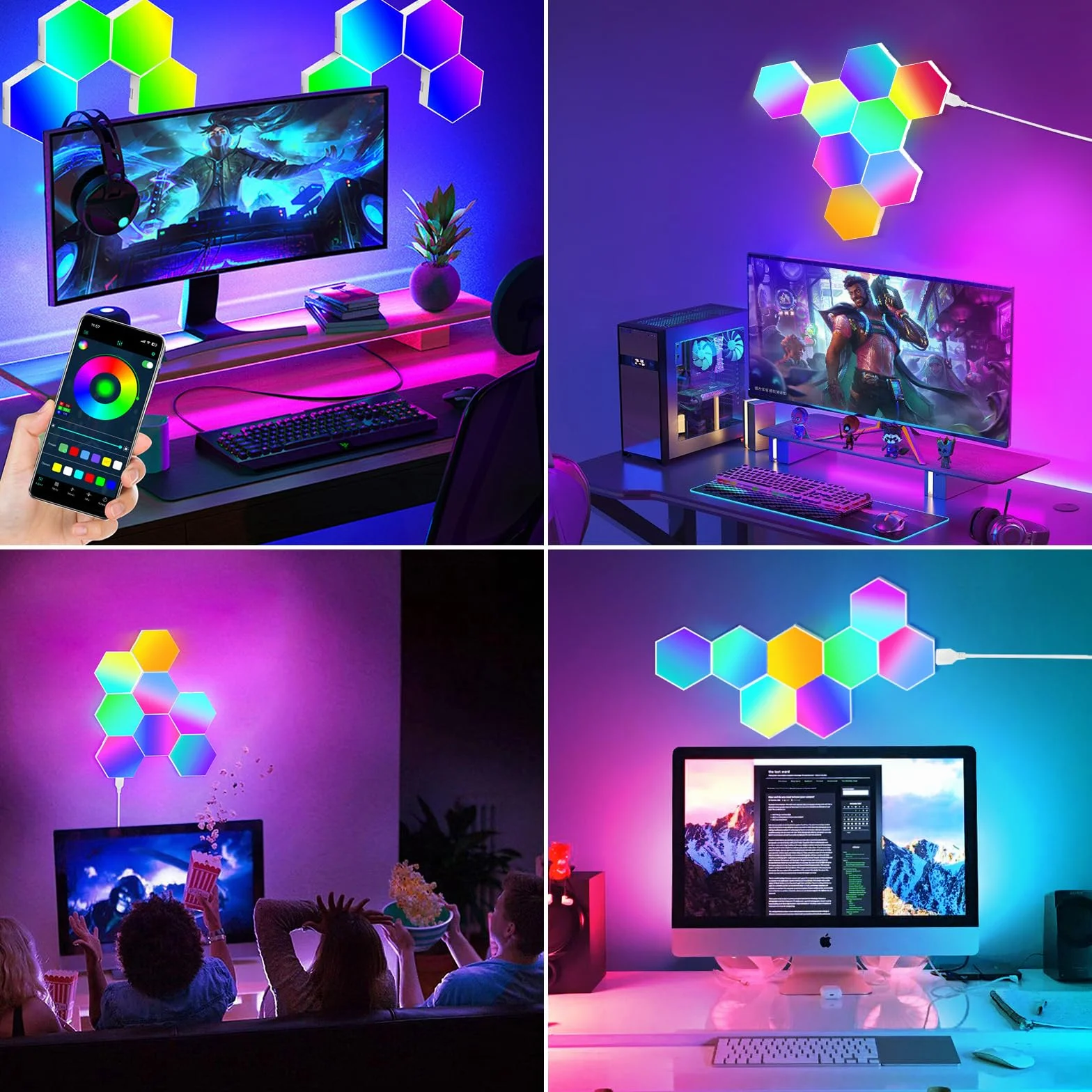 URAQT Hexagonalny Kinkiet LED do Gier, 8 Sztuk Paneli RGB, Inteligentny Sześciokątny, Synchronizacja Muzyki Sterowana Aplikacją dla Graczy, Wystrój Pokoju, Światło Modułowe