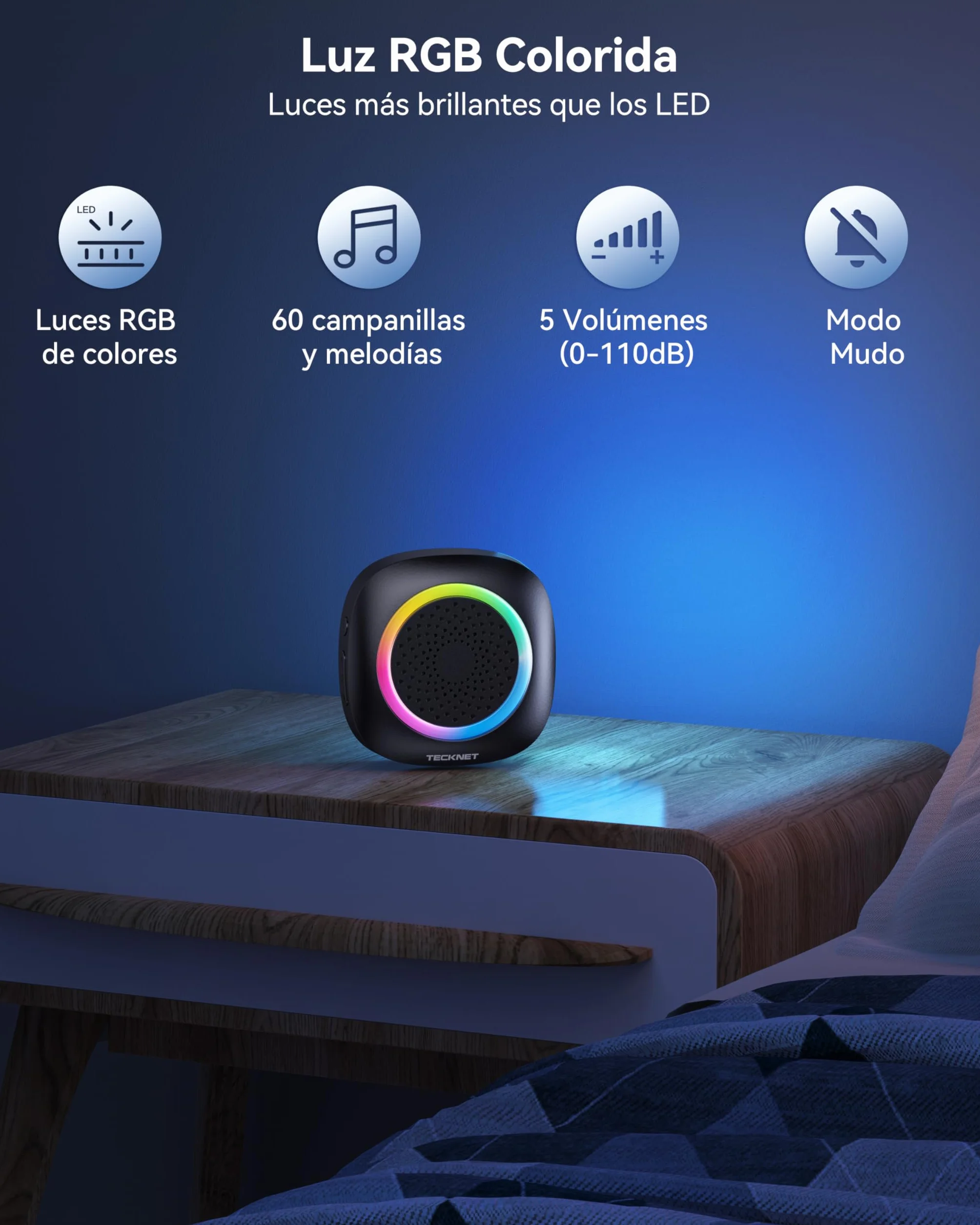 TECKNET Bezprzewodowy dzwonek do drzwi, zasilany baterią, wodoodporny IP66, zasięg 400 m, 5 poziomów głośności 60 melodii, wymienna bateria RGB bezprzewodowy dzwonek zewnętrzny