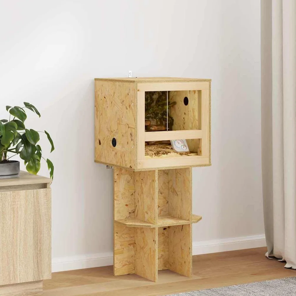 Duże brązowe terrarium 40 x 40 x 90 cm z wytrzymałego OSB ze szklanym oknem i rustykalnym designem, idealne do gadów, płazów, do wnętrz, trwała, stabilna postawa