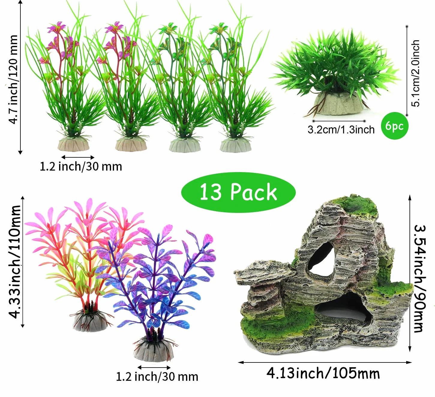 Akwarium Dekoracje Rośliny, 13 sztuk Rozmiar Rośliny akwariowe Plastikowa Dekoracja i Skała Polyresin Cave Ornament Dekoracje