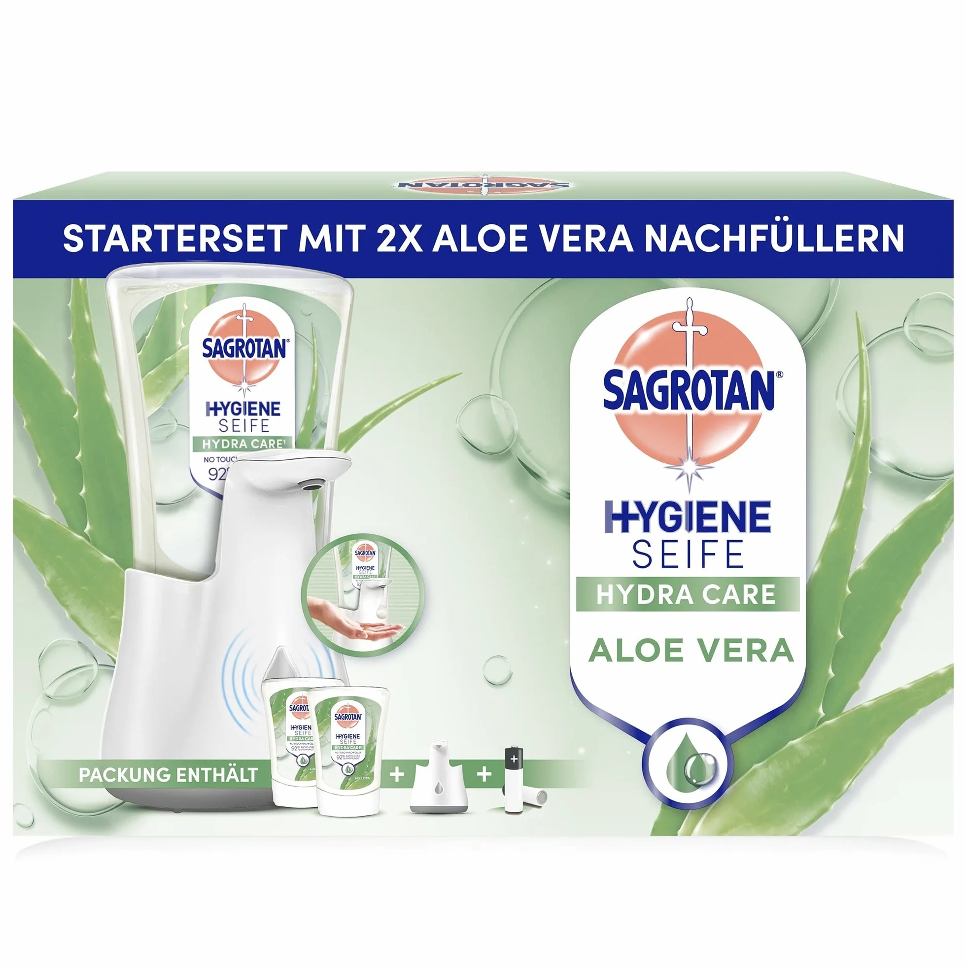 Sagrotan No-Touch automatyczny dozownik mydła, biały – opakowanie magazynowe – wraz z wkładami Sagrotan Aloe Vera – 2 x 250 ml mydła w płynie