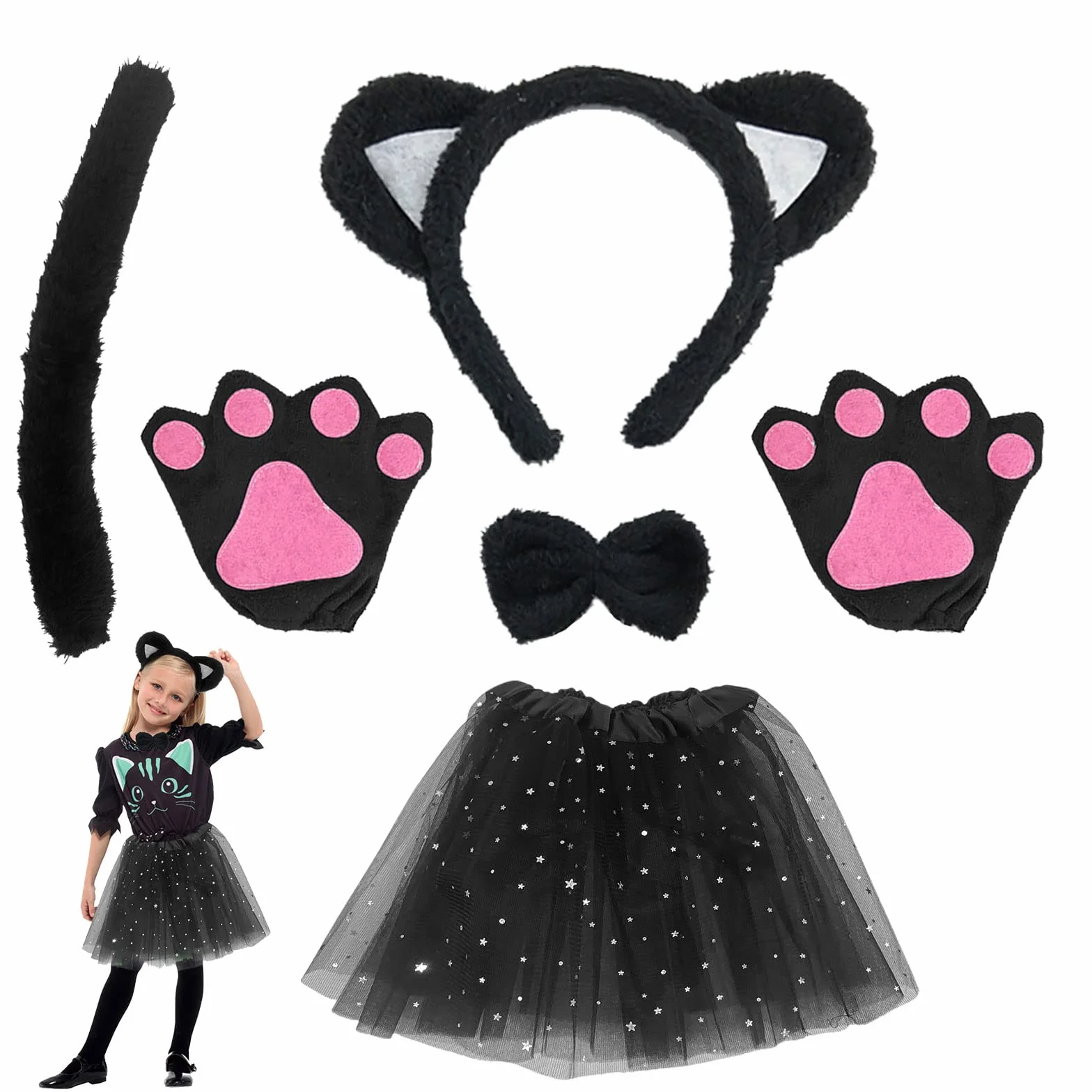 TSHAOUN Zestaw kostiumowy kot, sukienka zwierzęca, cosplay, kocie uszy, opaska na czoło, kocie, uszy, kołnierz, łapy, rękawiczki, czarna tutu, na Halloween, karnawał, karnawał