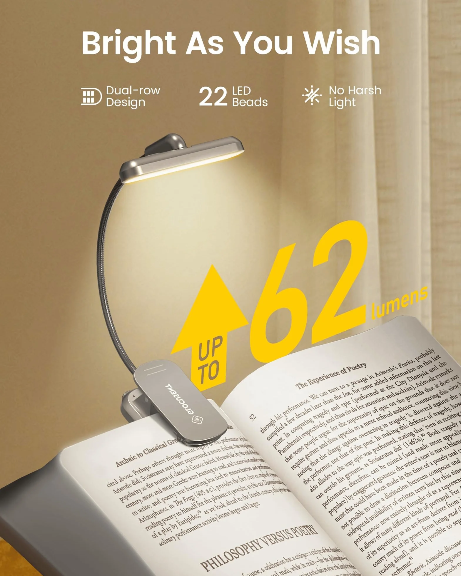 Obrotowa lampka do czytania książek w łóżku Glocusent, 22 diody LED o dwurzędowej konstrukcji z wyłącznikiem czasowym, bezstopniowym ściemnianiem i regulacją kolorów, ładowalna lampka do książek 1000 mAh (Szarość)
