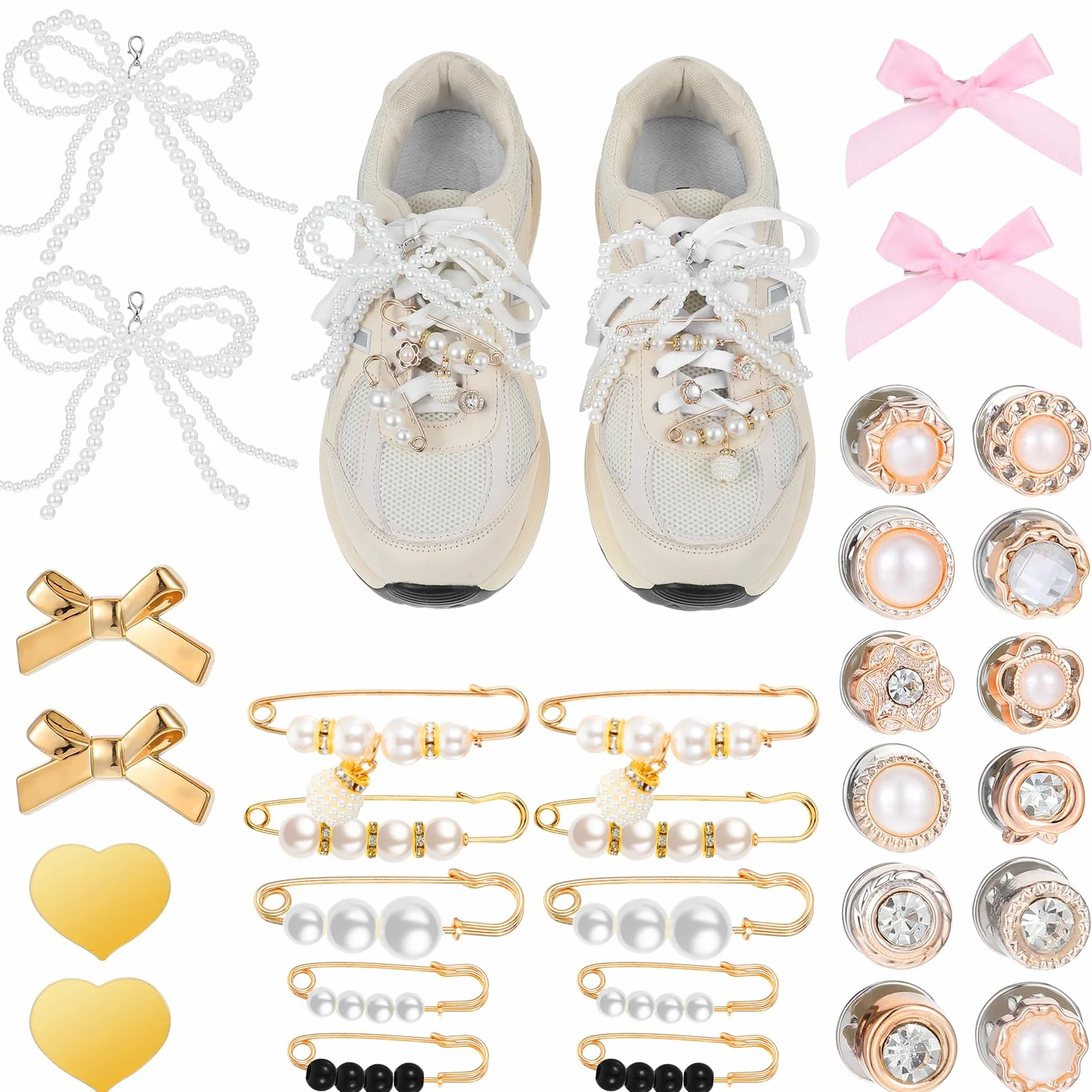 Qianyu 30 sztuk sznurowadeł, charms, klipsy do trampek, sznurowadeł, zawieszki, szpilki do przypinania, kokardki, dekoracyjne klipsy do butów, sztuczne perły, stras, akcesoria, biżuteria dla kobiet,