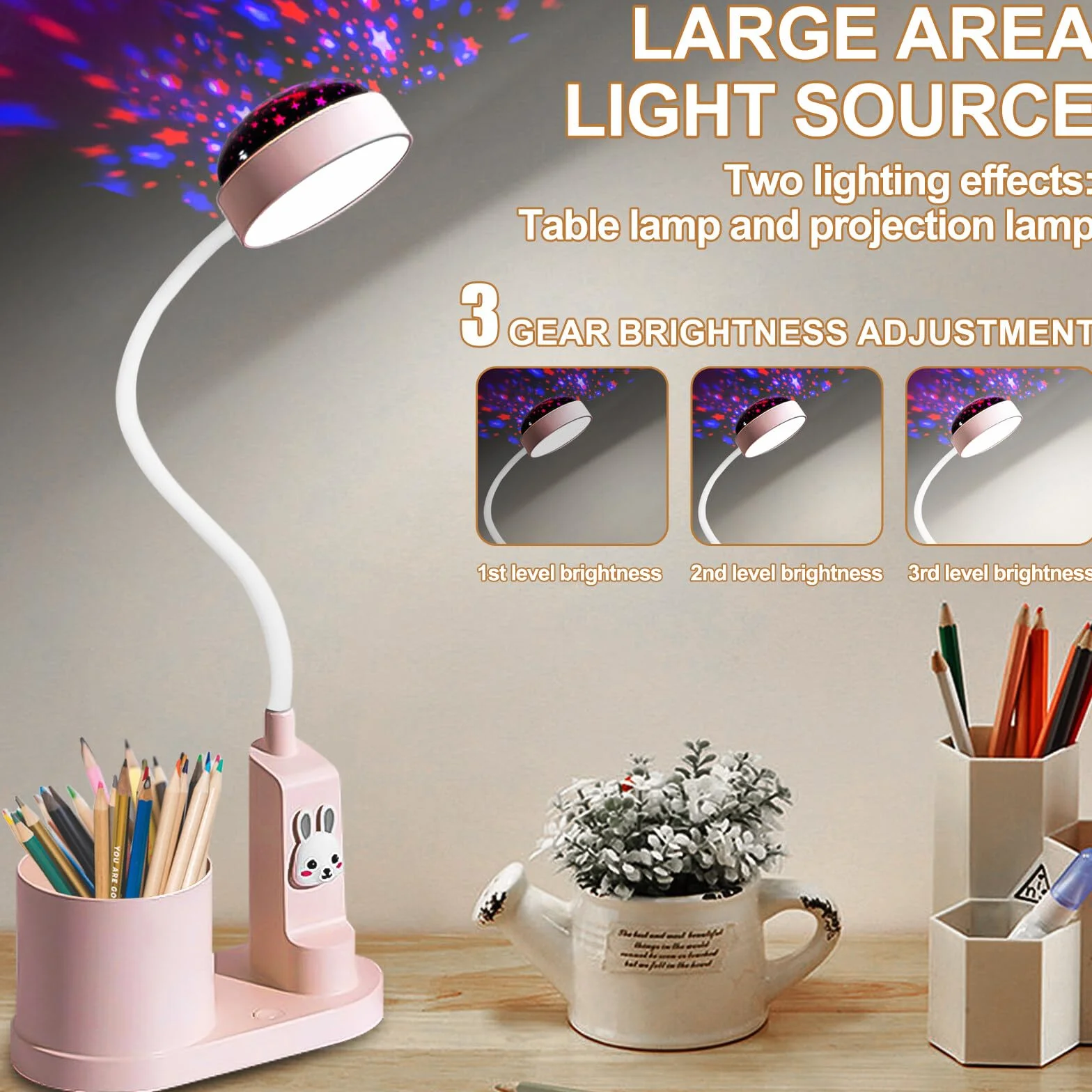 Aicharynic Lampka biurkowa dla dzieci, lampka nocna LED, z uchwytem na długopis, lampa stołowa LED, ściemniana, niebo, lampa stołowa, możliwość ponownego ładowania, regulowana 360°, z projekcją