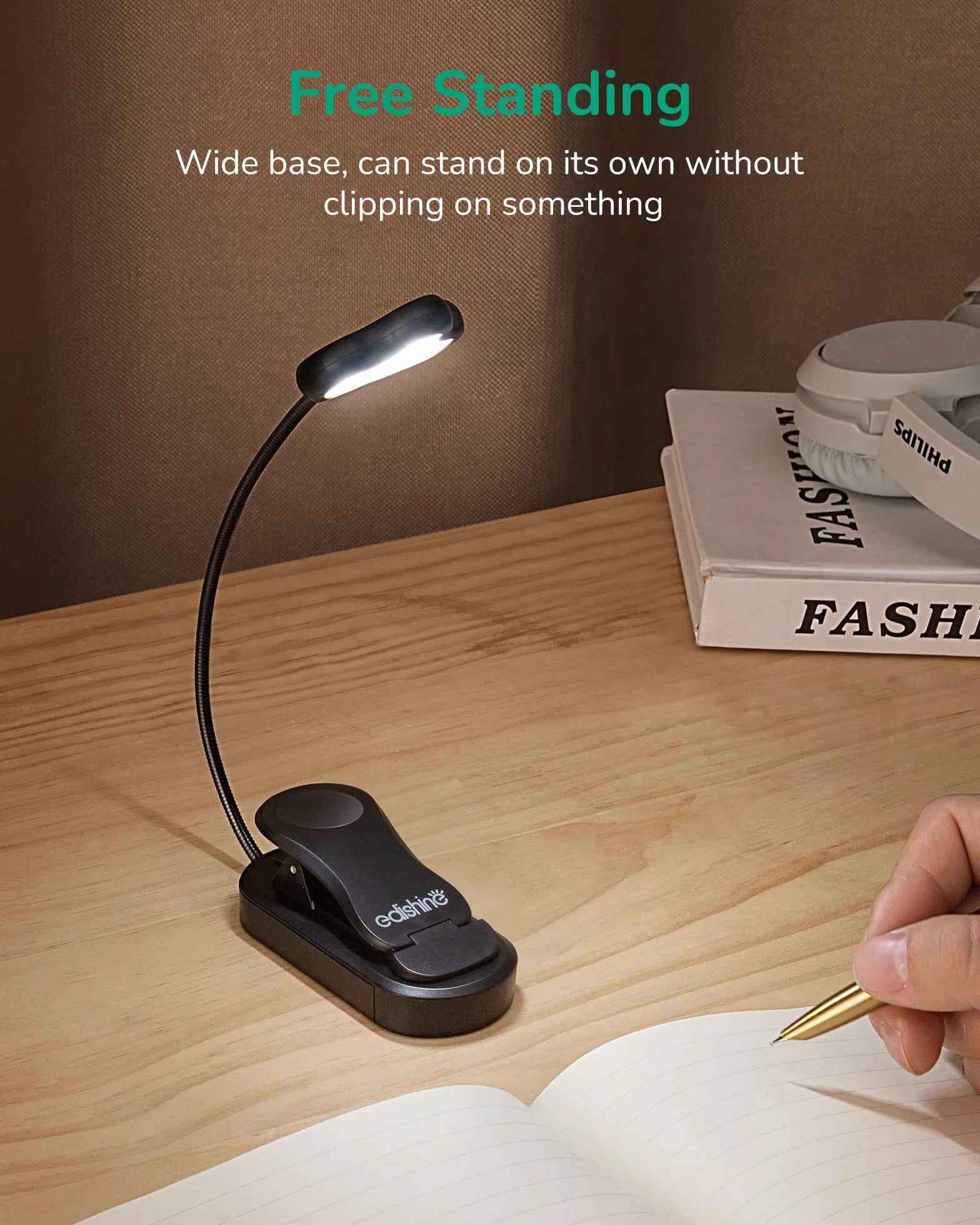 EDISHINE Lampa do czytania z 8 diodami LED USB z możliwością ładowania 360°, elastyczna szyja łabędzia, 3 temperatury barwowe i ciągłe ściemnianie, ochrona oczu, lampa zaciskowa do czytania w łóżku,
