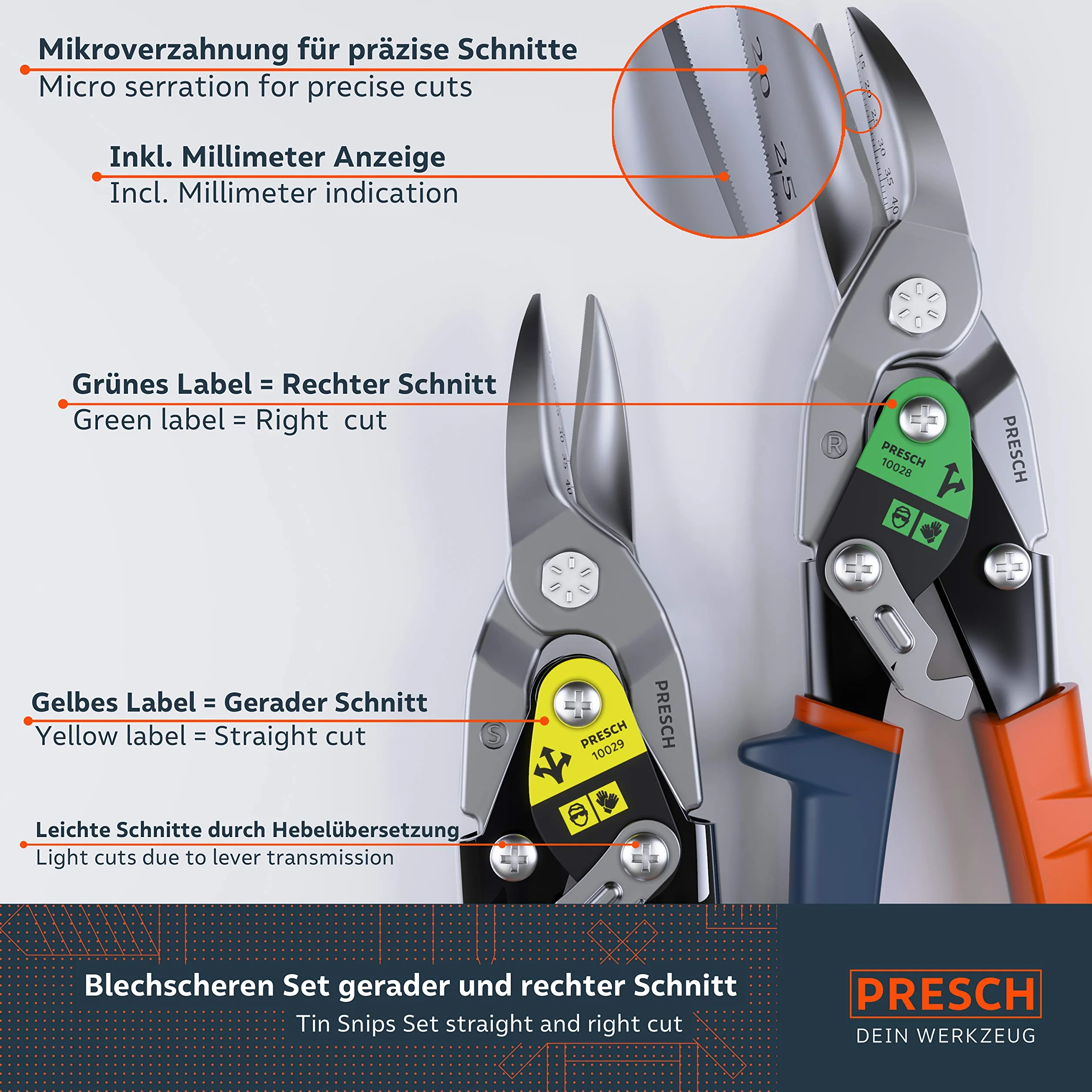 Presch Zestaw nożyc do blachy do cięcia prostego i prawego - wytrzymałe nożyce lotnicze - zestaw narzędzi do suchej zabudowy do cięcia metalu z przekładnią dźwigniową - zestaw nożyc do blachy