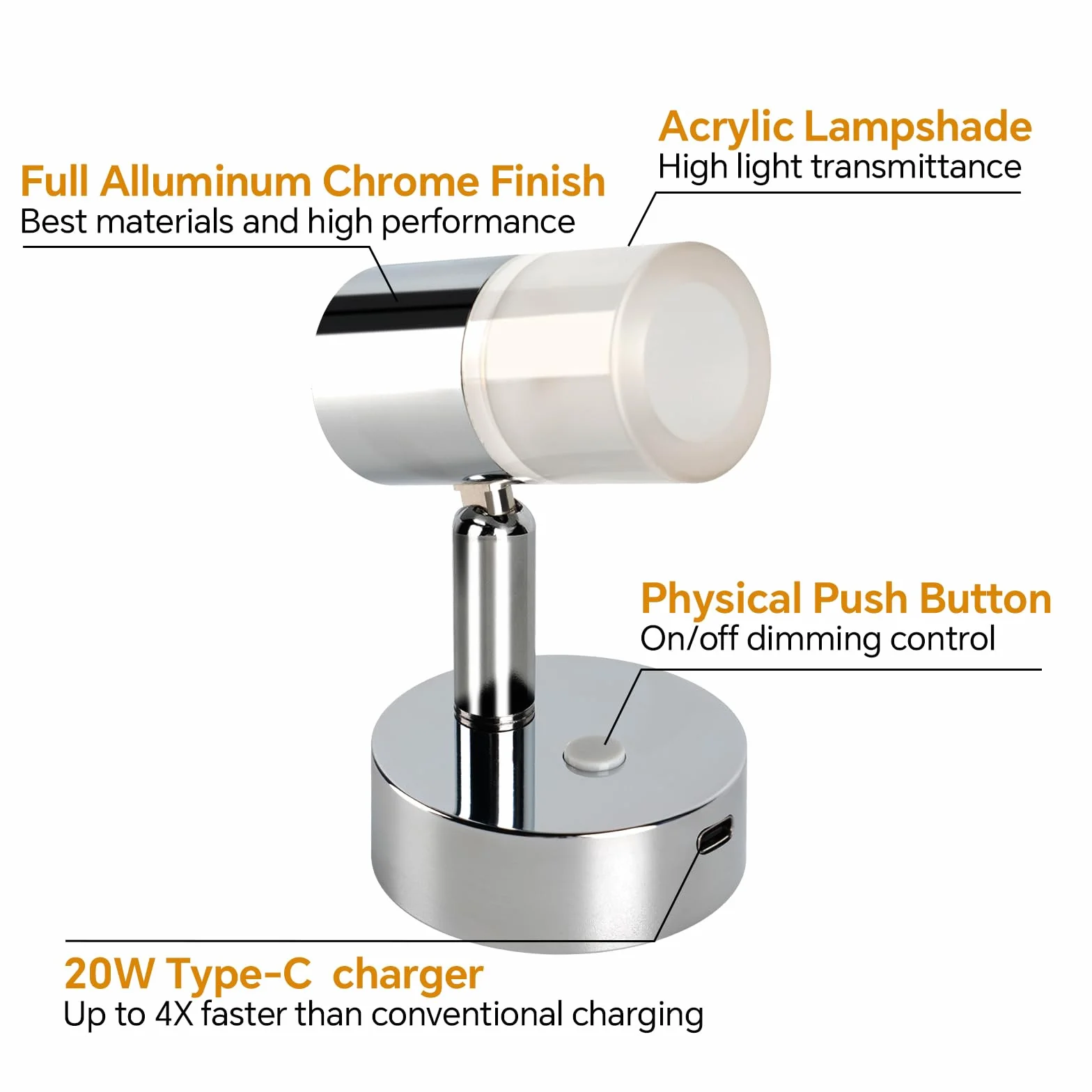 acegoo Lampa do czytania 12V, kamper nocny, ściemniana, obrotowa lampa ścienna LED z ładowarką USB C, matowy akrylowy abażur do kampera, DC 12-24V, chromowany