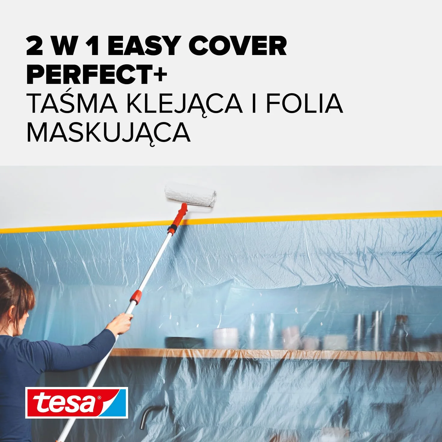 tesa Easy Cover Perfect+ Wkład M - folia malarska 2w1 z taśmą malarską washi - do maskowania i ochrony podczas malowania - 33m x 55cm