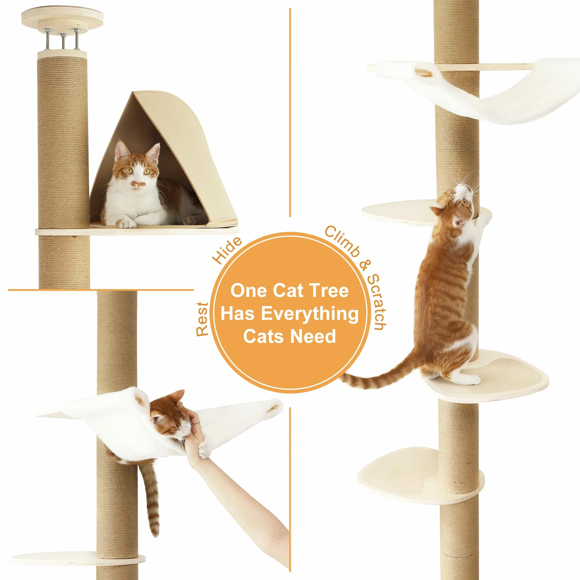 FUKUMARU Drzewo Drapak dla Kota, 6 Poziomów Regulowana Wysokość (1,8-3 m), Wieża Wspinaczkowa ze Wzmocnionym Słupem do Drapania, Centrum Aktywności z Namiotem i Miękkim Hamakiem dla Kotów. Beżowy