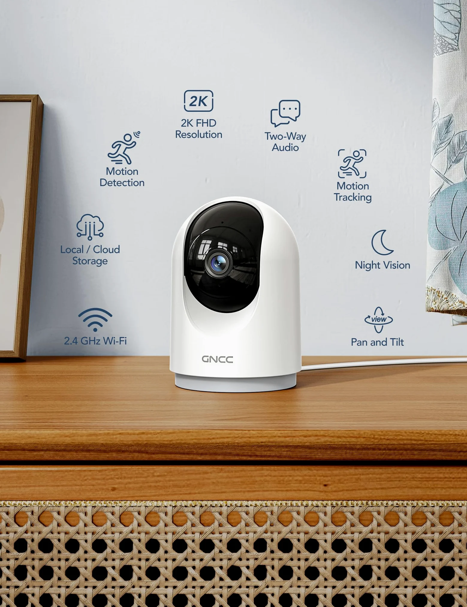 GNCC Wewnętrzna kamera bezpieczeństwa 2K/3MP, WiFi, kamera CCTV, ochrona domu, 360°, monitorowanie dla zwierząt domowych, z noktowizorem, wykrywanie ruchu, 2-drożna rozmowa, chmura/SD, działa tylko z