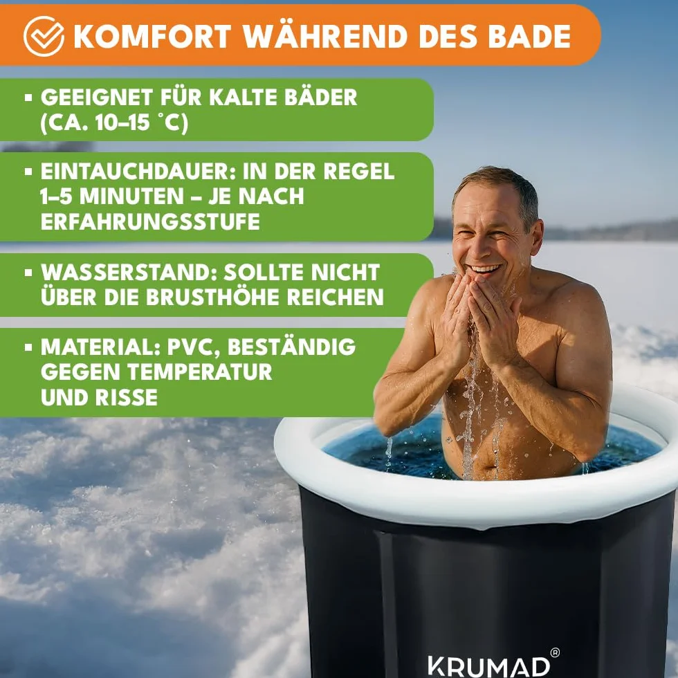 KRUMAD Beczka do morsowania 320 L – Składana wanna do zimnych kąpieli – Odporna na mróz i UV, z pokrywą, zaworem i wspornikami – Przenośna wanna lodowa do regeneracji, terapii i relaksu