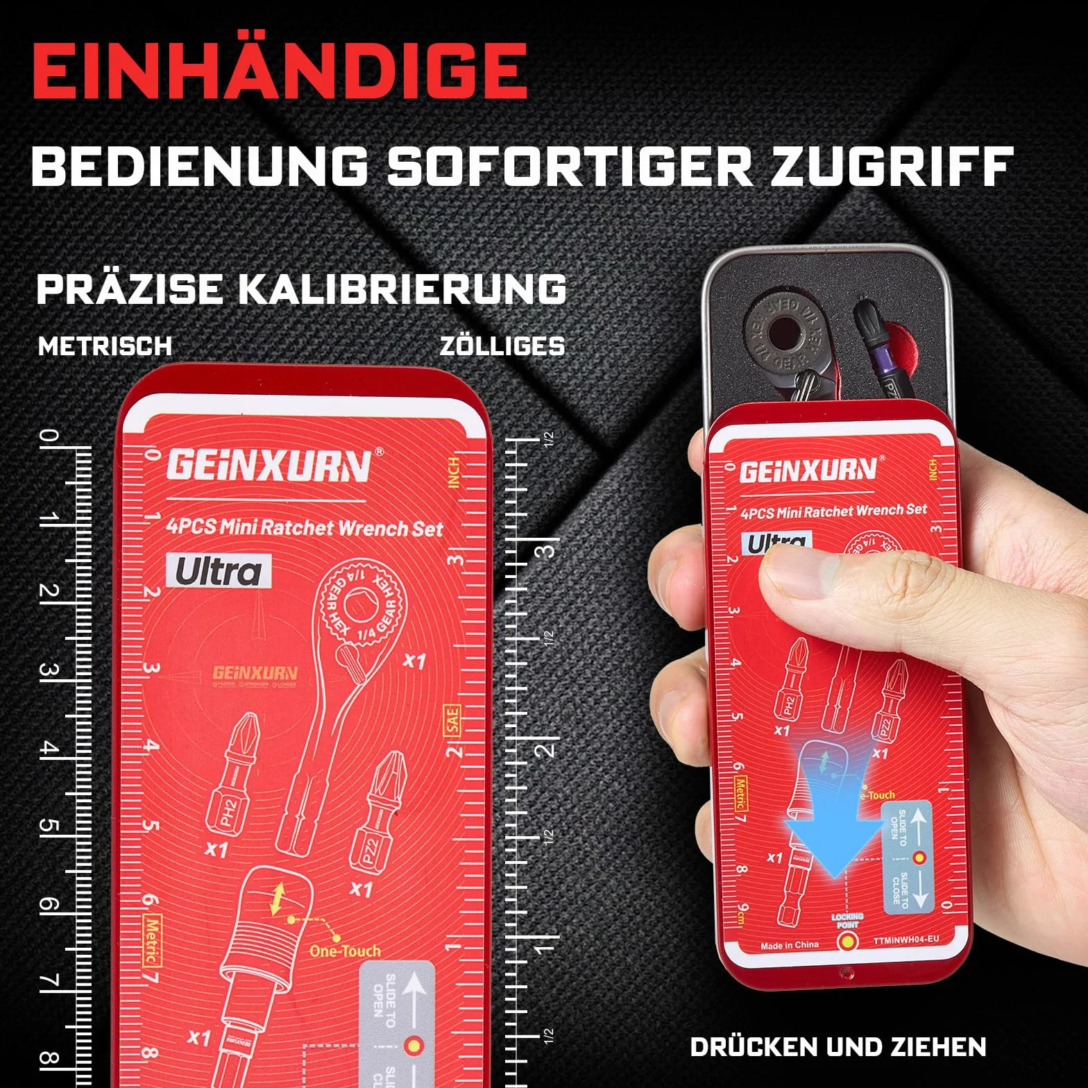 Geinxurn Zestaw 2 mini kluczy z grzechotką, 72 zęby, 1/10.2 cm, klucz nasadowy z grzechotką do ciasnych przestrzeni, z magnetycznym uchwytem na bity udarowe i bitami PH2 PZ2, wszystko w walizkach