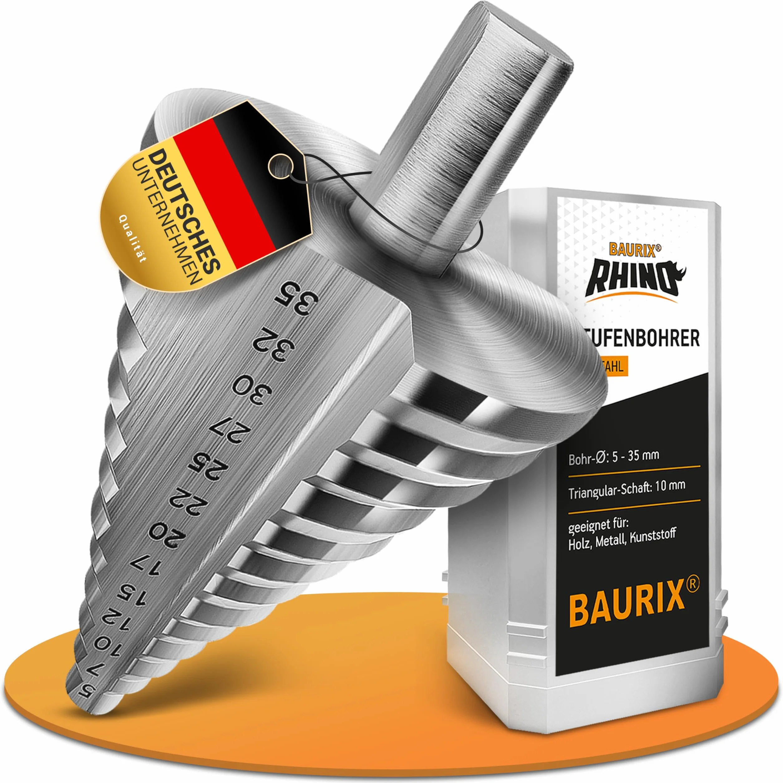 BAURIX® Wiertło stopniowe HSS RHINO® [Ø 5-35mm] - 10 mm trzonek trójkątny - Tokarka do metalu, drewna i tworzyw sztucznych (nie do stali nierdzewnej) - 13-stopniowe wiertło - Stożkowa końcówka