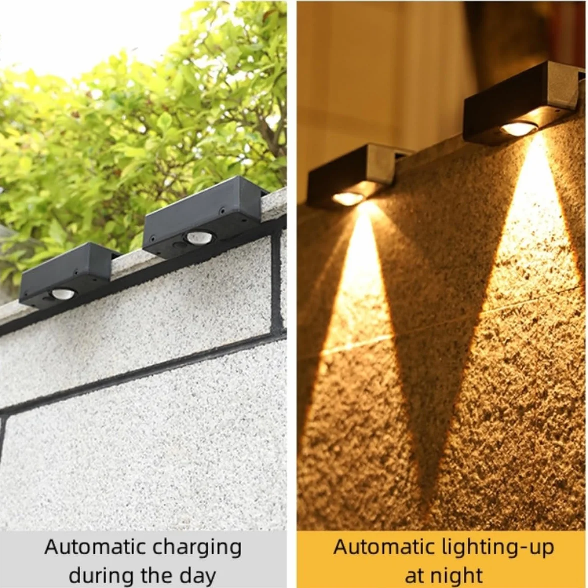 Lampy solarne LED do użytku na zewnątrz, 2 sztuki, IP65, do ogrodu, na schody, wodoodporne, na balkon, płot sztachetowy, do domu, na pokład i ogrodzenie, ciepła biel