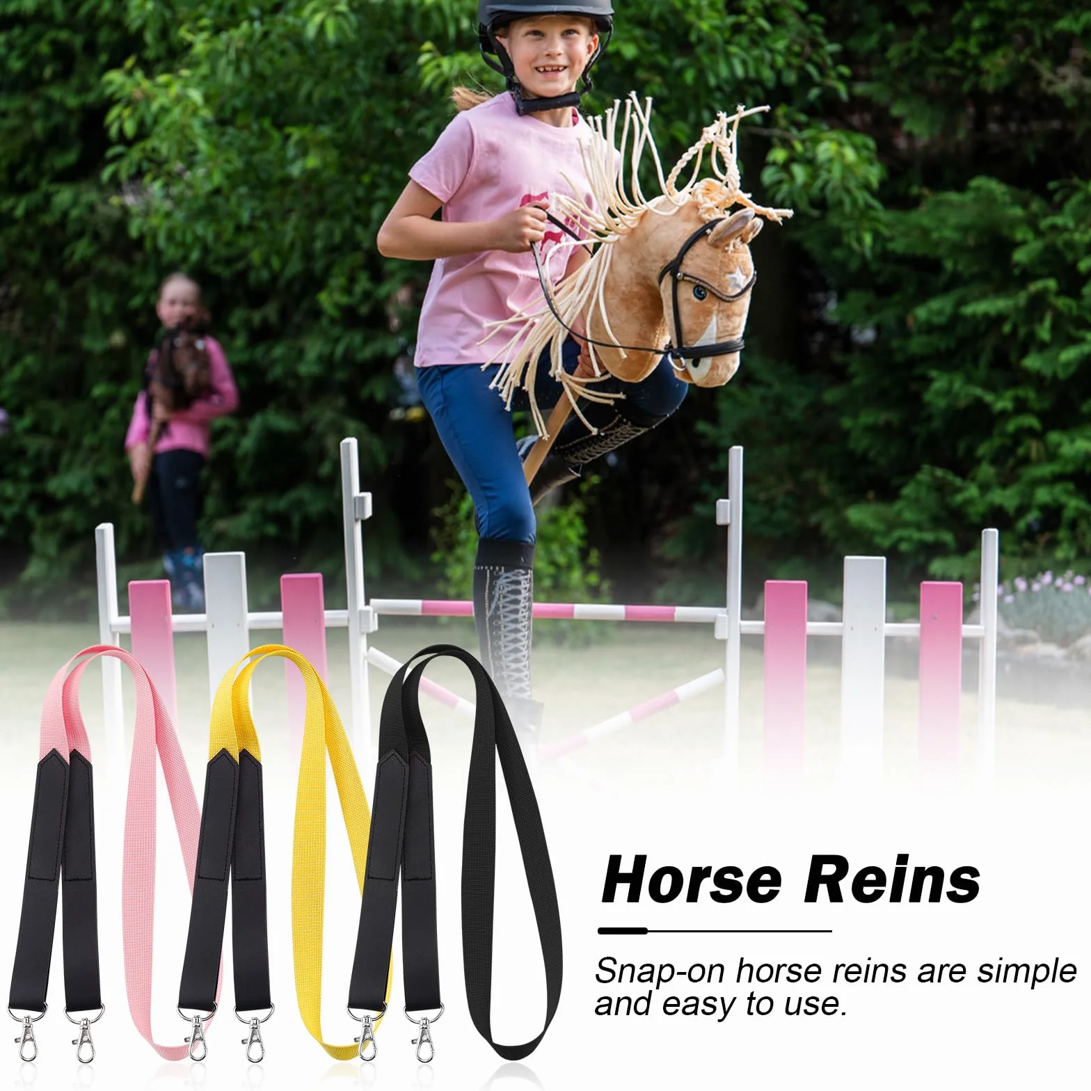 BINYI Hobby Horse uzda dla koni, akcesoria, trense, koń, dzianina, 3 pary cugli, kucyk, zestaw 120 cm, uzda do konia kijowego, drewnianego, z karabińczykiem (3 kolory)