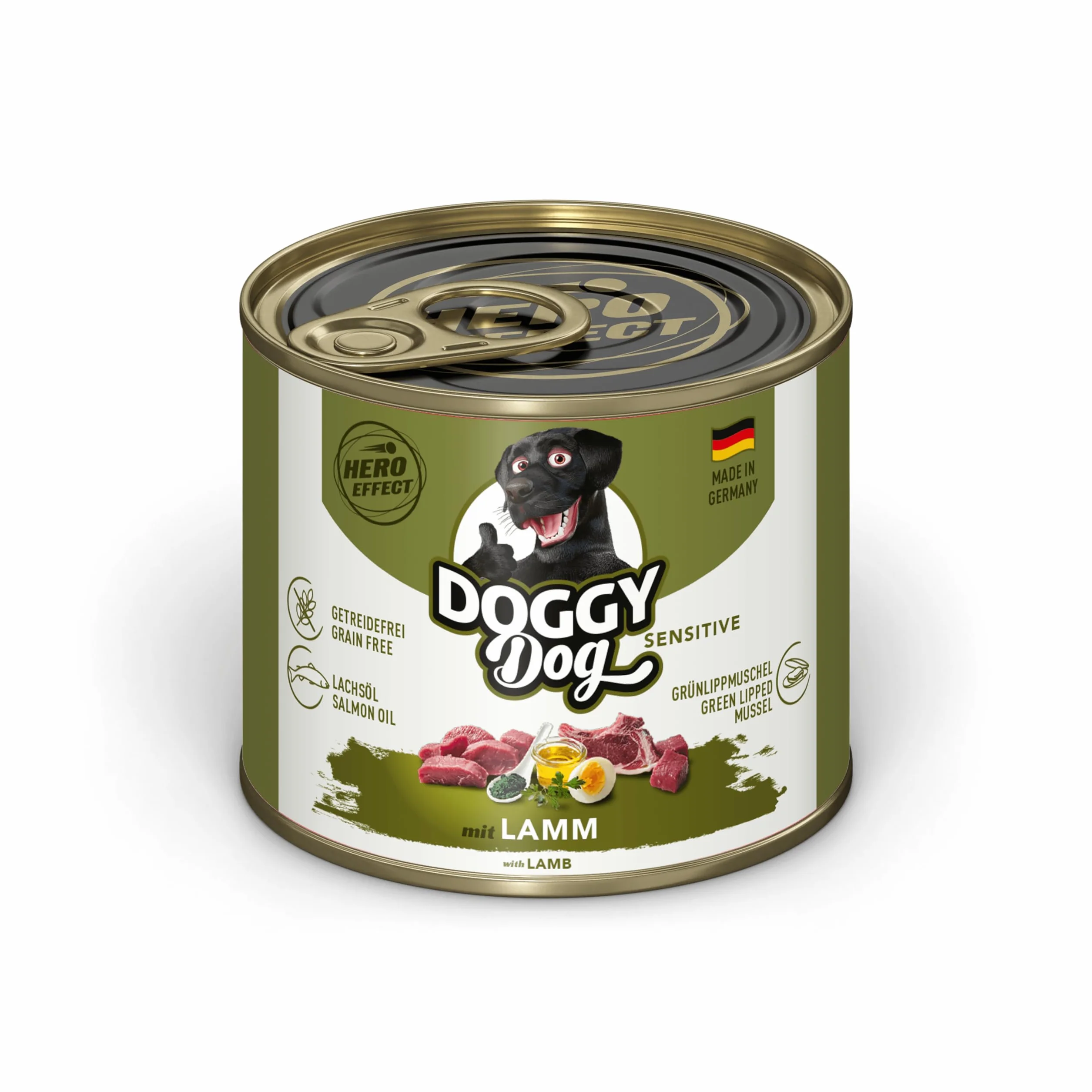 DOGGY Dog Paté Lamm Sensitive, 6 x 200 g, mokra karma dla psów, bezzbożowa karma dla psów z olejem łososiowym i małżem zielonwargowym, wyjątkowo dobrze tolerowana karma pełnoporcjowa, Made in Germany