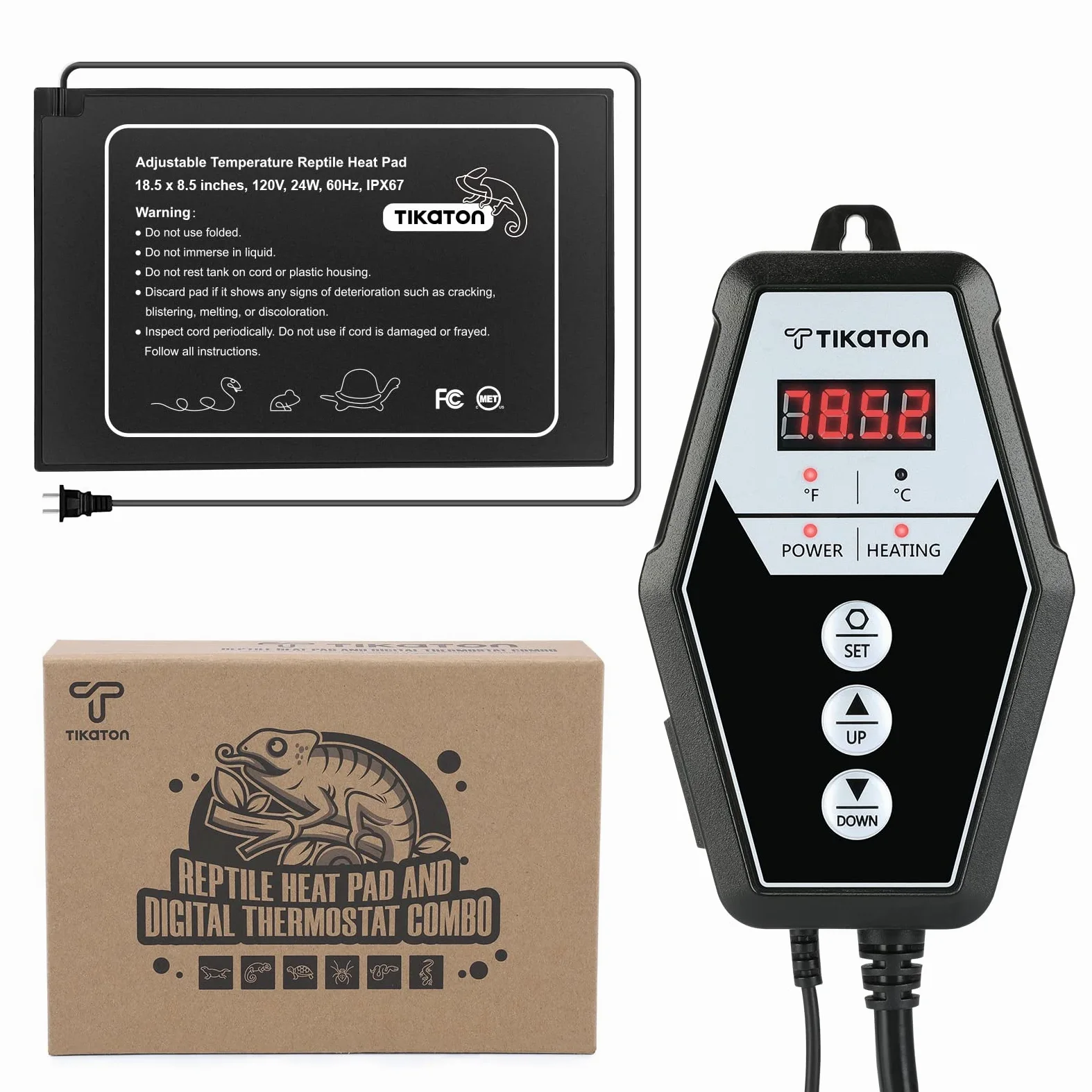 Tikaton Kombinowany zestaw podkładek grzewczych do gadów i termostatu cyfrowego, podgrzewacz pod zbiornikiem do zbiornika 10-20 gal/30-40 gal, mata grzewcza do terrarium dla tortu