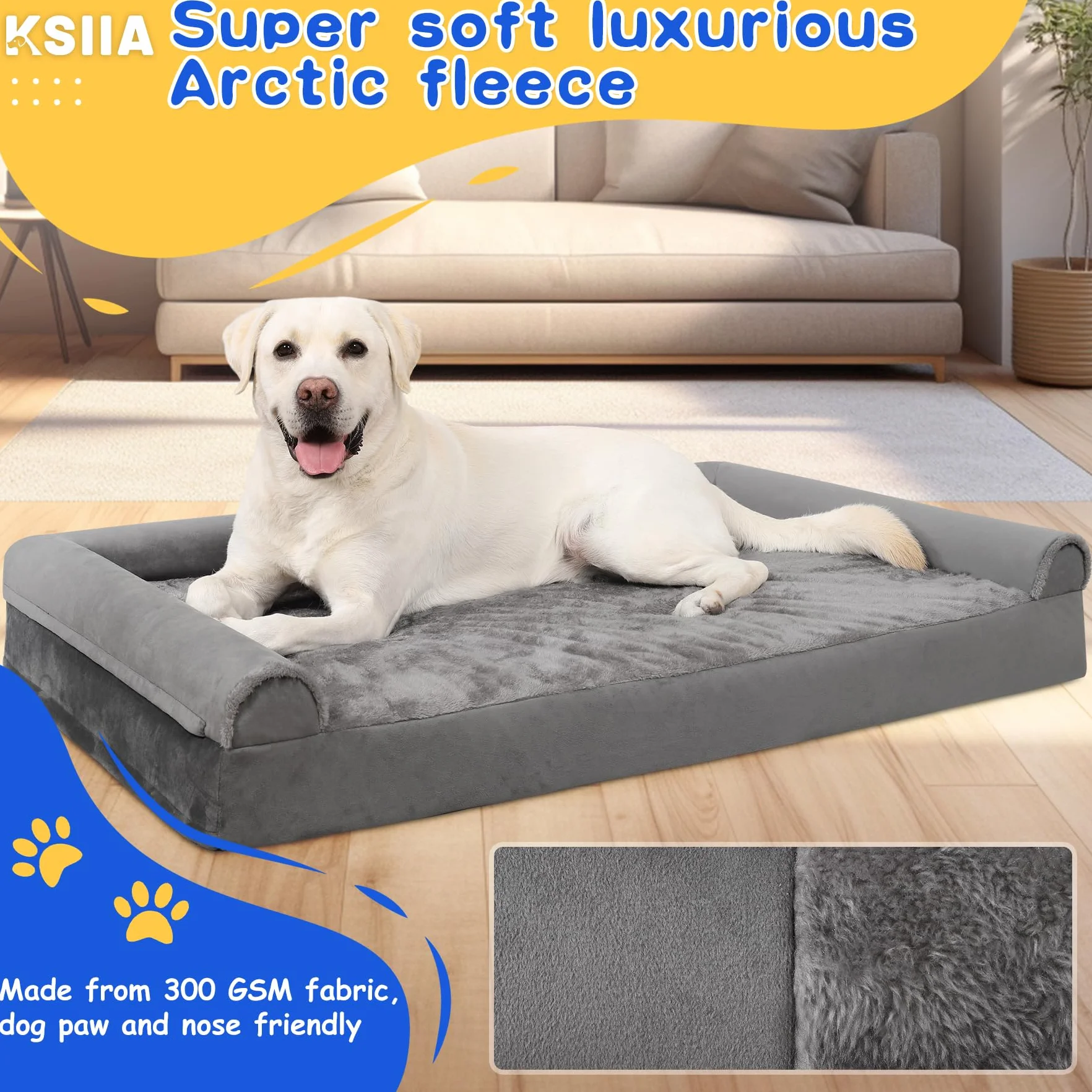 KSIIA Legowisko dla dużych psów ortopedyczne, Łóżko dla psa, poduszka dla psa 121x76x18cm zdejmowana sofa dla psa, zmywalne antypoślizgowe, XXL Szary