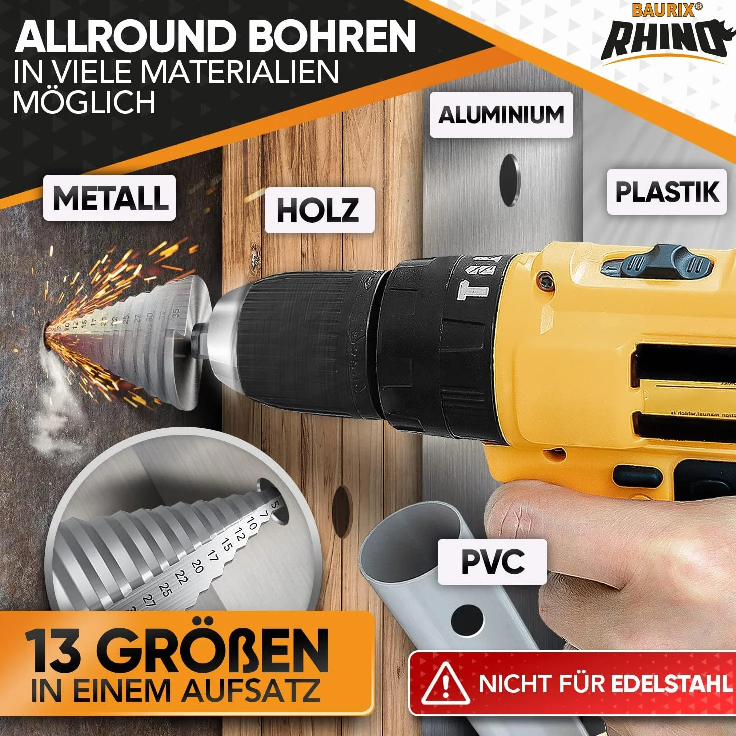 BAURIX® Wiertło stopniowe HSS RHINO® [Ø 5-35mm] - 10 mm trzonek trójkątny - Tokarka do metalu, drewna i tworzyw sztucznych (nie do stali nierdzewnej) - 13-stopniowe wiertło - Stożkowa końcówka